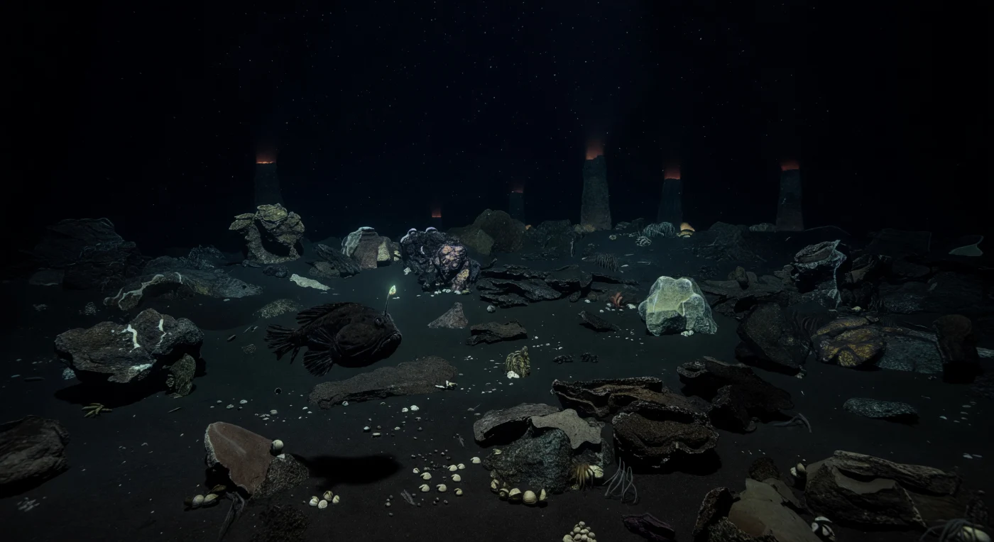 Beyond the main ventfield, where the last traces of chemosynthetic warmth fade into basaltic cold, a single anglerfish hangs suspended in the crushing stillness of water pressing down at hundreds of atmospheres — her pale cyan-green esca the only unambiguous light in this world, pulsing with bioluminescent bacteria cultivated within a modified dorsal spine through millions of years of deep evolution. That luminous lure, drifting perhaps two kilometers below the surface where photons from the sun are an irrelevance, faintly catches the wet charcoal of her skin, the glassy indifference of her eye, and the translucent edges of fins adapted to a life of near-perfect motionlessness amid sparse, drifting marine snow. Far beyond her, several black smoker chimneys rise as dark silhouettes against their own faint orange-red chemiluminescent shimmer, superheated plumes at 350 °C precipitating metal sulfides the moment they meet near-freezing ambient seawater, building the towering mineral structures that anchor dense communities of Riftia tube worms, chemosynthetic clams, and yeti crabs — ecosystems sustained entirely by the oxidation of hydrogen sulfide rather than sunlight. Between anglerfish and ventfield, scattered sulfide mounds and ash-dark sediment stretch across fresh pillow basalt on a mid-ocean ridge axis, a volcanic landscape that continuously reshapes itself along the planet's spreading boundaries, indifferent to any witness and luminous only on its own chemical terms.