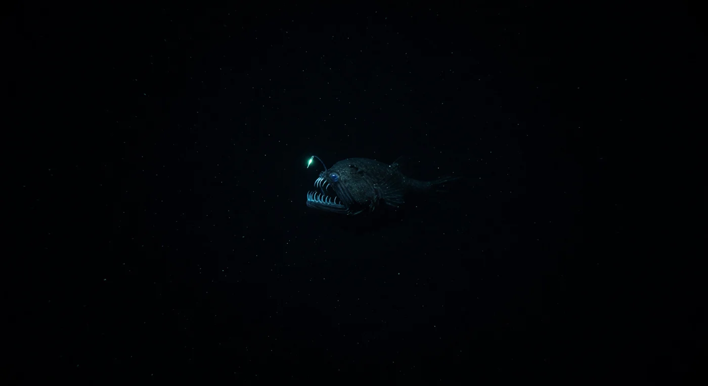 In the absolute darkness between one and three kilometers down, where pressure exceeds two hundred atmospheres and cold hovers near two degrees Celsius, a female abyssal anglerfish — likely *Melanocetus* or a close relative — holds herself suspended in open midwater with barely a flicker of her caudal fin, her entire metabolic existence calibrated for patience and minimal energy expenditure. The only light in this volume of ocean is her own: the esca, a modified dorsal spine tipped with a symbiotic colony of bioluminescent bacteria, pulses with a steady blue-green glow that is simultaneously a fishing lure, a private language, and a weapon — drawing prey organisms upward through the marine snow, their small bodies betrayed by the very curiosity that evolution built into them. Each drifting particle of marine snow — fragmented fecal pellets, shed mucus, dead zooplankton descending from the sunlit world far above — passes briefly through that living light, then vanishes back into blackness, a quiet rain that constitutes much of the energy budget for this entire zone. Her recurved teeth, translucent as glass and needle-thin, are evolved not to cut but to cage: anything that enters that crescent jaw will find no mechanical escape, the recurved geometry ensuring closure is irreversible. Here the ocean exists in a state that preceded the first eye and will persist long after the last one closes — pressurized, lightless except for its own cold fire, and entirely indifferent to being known.