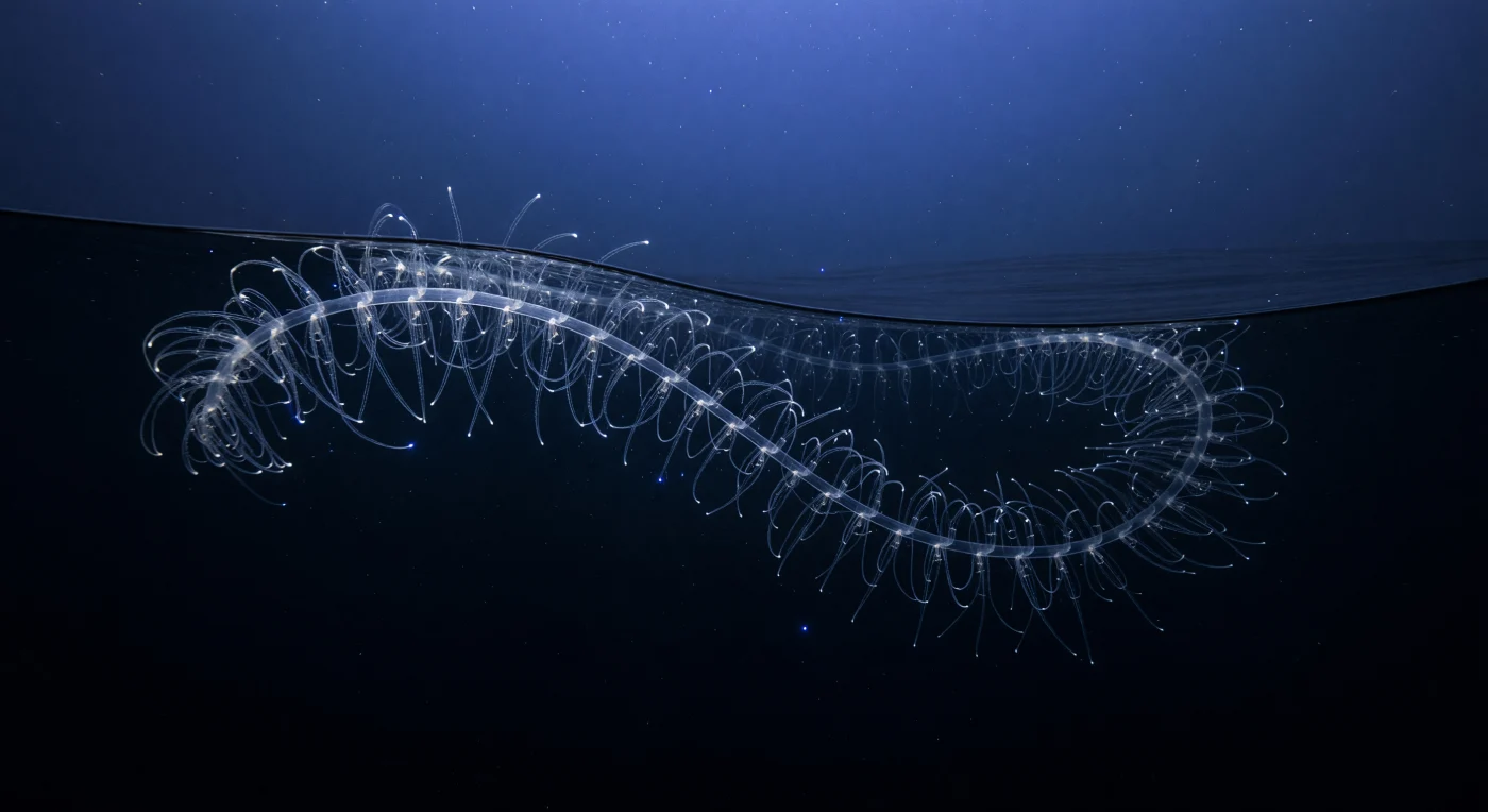 At around 450 to 600 metres over a continental slope, where pressure reaches roughly 50 atmospheres and the last faint traces of surface blue dissolve into surrounding blackness, an *Apolemia* siphonophore colony of extraordinary length curves through a sharp pycnocline in a slow, gravitational S — its transparent stem and thousands of specialised zooids, nectophores, dactylozooids, and trailing tentilla forming a suspended lattice of near-invisible tissue, refracting the dim overhead cobalt into silvery filaments and cold iridescent glints. A physonect siphonophore is not a single organism but an integrated supercolony of genetically identical yet functionally differentiated individuals, each polyp performing a specific task — propulsion, feeding, reproduction, defence — so that the whole structure operates as a coherent predatory entity capable of spanning tens of metres through open water. The pycnocline itself is rendered faintly visible as an optical interface, a stratified boundary where water masses of slightly different density and particle load meet, warping the background in subtle waves and concentrating marine snow into a thin suspended layer that drifts without any external force through the cold, still column. Sparse blue bioluminescent pinpricks punctuate the surrounding water and catch among the colony's branches like scattered stars, produced by the incidental flashes of copepods, dinoflagellates, and small gelatinous neighbours, each a brief chemical signal in an otherwise lightless realm. This is a world of near-perfect silence and immense hydrostatic weight, where a creature made almost entirely of seawater hangs suspended in seawater, filtering the dark for prey, entirely indifferent to any witness.