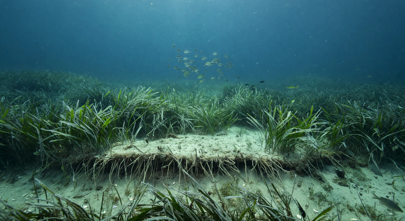 في أعماق تبلغ نحو ثمانية وعشرين متراً تحت سطح البحر المتوسط، تقف مروج *Posidonia oceanica* عند حدودها القصوى في مواجهة الظلام المتزايد، حيث يتحول الضوء المتسلل من السطح البعيد إلى ضياء أزرق-مخضر باهت، وتختفي أطياف الحمراء والبرتقالية كلياً لتسود درجات السماوي والفيروزي والأزرق العميق. تُشكّل الجذامير المتراكمة عبر قرون متعاقبة حافةً صخرية طبيعية — ما يُعرف بـ"المات" — تنزلق منها أوراق الأعشاب القصيرة الشريطية نحو المنحدر في موجات رتيبة تقودها تيارات خفية، بينما يستقر تحتها رمل كربوناتي شاحب مختلط بشذرات أصداف ورواسب دقيقة. تتعلق على الأوراق طحالب لاصقة دقيقة كالنقوش، وتتناثر بين السيقان فقاعات أكسجين صغيرة تلمع كالجواهر حين تلتقط آخر أشعة الشمس المصفاة، شاهدةً على عملية التمثيل الضوئي التي تنحسر ببطء مع ازدياد العمق. فوق الظلة العشبية مباشرة، تتلاحم مجموعة من الأسماك الفضية الصغيرة في سرب مكتنز يرسم على المرج تحته أظلالاً متحركة ومرقطة، في حين تحتضن المروج في داخلها عالماً من الحياة المختبئة: أسماك صغار من الشفنين وأبو سمكة، وأبو إبرة يمشي بين السيقان كالشبح، وقشريات دقيقة ولافقاريات تجد في هذه المرعى العريق ملاذاً آمناً بمنأى عن أي انتهاك خارجي. هذه المروج الشاسعة ليست مجرد نبات بحري، بل هي من أكثر النظم البيئية الساحلية إنتاجاً وتخزيناً للكربون على وجه الأرض، وجوهر حيّ يتنفس في صمت عميق بعيداً عن كل ما هو إنساني.