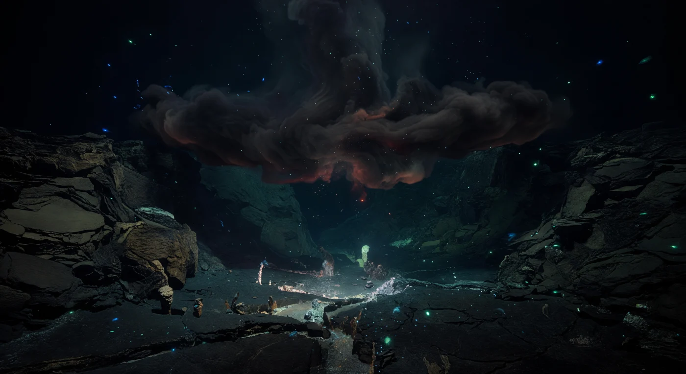 Kilometres below any reach of sunlight, the axial valley of a mid-ocean ridge opens like a drowned cathedral, its fractured basalt walls rising through the water column in tiers of fault scarps and collapsed lava shelves, all of it utterly dark save for what the earth itself provides. Far above the vent field, a suspended mineral plume drifts beneath the ridge walls like a slow-moving weather system, its layered underside faintly tinged with the orange-red chemiluminescent glow rising from hydrothermal chimneys below — sulfide structures venting superheated fluid laden with iron, manganese, and fine particulate minerals that spread outward in neutrally buoyant hazes for tens of kilometres along the ridge axis. At these pressures, approaching four hundred atmospheres, seawater has circulated deep into fractured young crust, been superheated by magmatic heat, and returned to the water column stripped of oxygen and loaded with reduced chemical compounds that sustain dense microbial communities and the entire chemosynthetic food web anchored to this volcanic spine. Across the vast blackness of the axial valley, isolated flashes of cyan and blue bioluminescence pulse briefly from drifting medusae and siphonophores — each spark lasting only a fraction of a second, yet illuminating enough of the surrounding darkness to suggest the true scale of this space — before vanishing, leaving the plume, the basalt, the shimmering diffuse flow over fresh pillow lava, and the slow rain of marine snow to continue entirely on their own terms.
