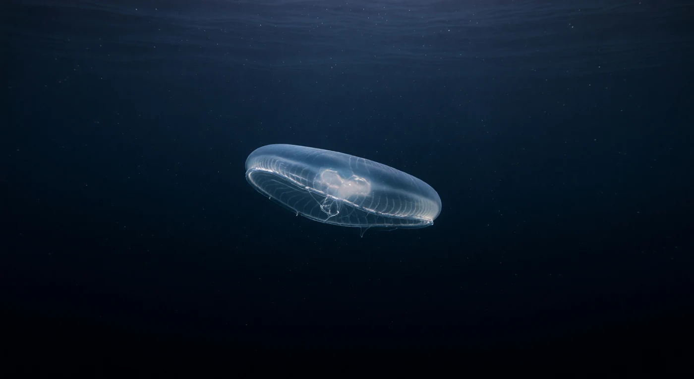 At roughly 400–500 meters beneath the surface, where hydrostatic pressure exceeds 50 atmospheres and the last attenuated photons of sunlight arrive as little more than a cold cobalt memory overhead, a *Bathocyroe* ctenophore drifts bowl-upward through open midwater, its hemisphere of living tissue so nearly water that it vanishes entirely into the surrounding sea except where its comb rows catch that faint overhead gradient and scatter it into ghost-thin bands of iridescent cyan and violet. Ctenophores of this genus are among the most mechanically fragile macroanimals in the ocean — bodies composed almost entirely of mesoglea, the gelatinous matrix that makes them near-neutrally buoyant and immune to the crushing pressures that would destroy gas-filled tissues — and they hunt by holding their translucent bowl open to intercept copepods and other small crustaceans drifting on the same stratified layers. Around it, marine snow descends in slow suspension through thermally stratified water, tracing the invisible density boundaries of an intermediate water mass flowing along the continental slope far below, while scattered bioluminescent pinpricks flicker at distance in the blackness — the chemical light of other organisms, the only illumination that truly belongs to this depth. This is the permanent condition of the mesopelagic twilight world: a vast, pressured, nearly lightless pelagic volume where gelatinous life thrives in silence precisely because no hard structure, no large gas space, and no high metabolic demand is required — only water shaped into life, suspended between a dying blue ceiling and the absolute dark below.