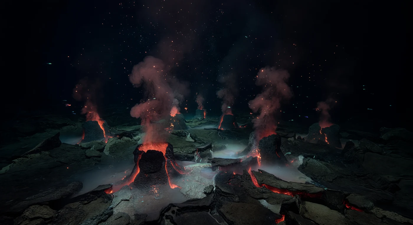 Where two tectonic plates tear slowly apart on the deep ocean floor, magma wells upward and seawater seeps into the fractured crust, emerging again as superheated, mineral-laden fluid at temperatures exceeding 400 °C — far beyond boiling, kept liquid only by pressures of 250 to 400 atmospheres bearing down at these depths between 2,500 and 3,500 meters. The sulfide chimneys that result grow in clustered formations across the axial floor, their walls precipitated from iron, copper, and zinc sulfides that crystallize the instant superheated fluid meets near-freezing ambient water, each chimney exhaling a dense dark plume edged with a faint copper-red chemiluminescent glow — a thermal radiation faint enough to be invisible to most instruments yet real, casting no illumination beyond itself, only a dim spectral warmth against the total blackness. Around the base of each structure, pale anhydrite and barite mineral crusts spread across broken pillow lavas and fresh basalt talus, slick with microbial mats of sulfur-oxidizing Archaea and Bacteria that form the true foundation of this ecosystem, replacing photosynthesis entirely with chemosynthesis. No sunlight has reached this place since the crust beneath it first cracked open; marine snow drifts down through the cold black water column above, while sparse bioluminescent flickers from small pelagic animals pulse briefly beyond the chimneys — a world of chemical fire and biological invention, wholly indifferent to the surface above it.