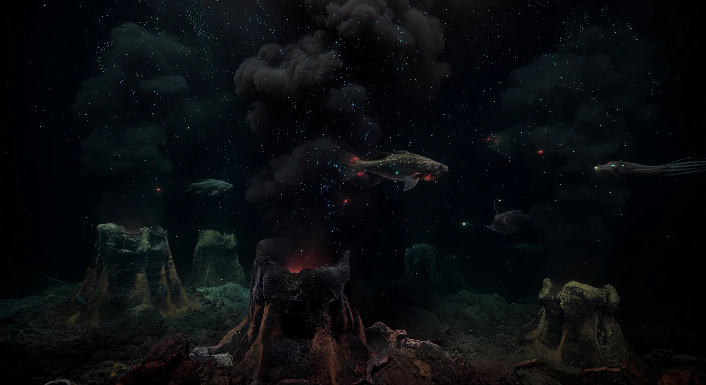 At depths where pressure exceeds two hundred atmospheres and the last trace of solar radiation has long since been extinguished, a sulfide-mineral landscape rises from fresh basalt in towering chimneys that discharge superheated fluids instantly quenched into billowing black plumes — a chemistry of iron, manganese, and sulfide compounds precipitating in real time against water hovering near two degrees Celsius. Along the plume margin, a bathypelagic predator moves with the conserved precision of an animal that cannot afford wasted motion: its musculature is soft and pressure-tolerant, its sensory systems finely tuned to the mechanical signatures and faint bioluminescent sparks that constitute the only available information in this absolute dark. Scattered through the surrounding water column, the scattered blue-green points of bioluminescence — produced by photophores, secreted luciferin compounds, and symbiotic bacteria across dozens of organisms — represent not decoration but a language of lures, counter-illumination, and predator-prey signaling refined across millions of years of evolution beneath any sunlight. Deeper in the darkness, the ghostly suggestion of a Magnapinna squid extends arms of improbable length into water laden with mineral snow and organic detritus drifting down from the productive surface far above, while the faint rust-orange chemiluminescent shimmer of the hottest vent apertures writes the only warm color into a world otherwise composed entirely of black, cold, and the cold fire of living light.