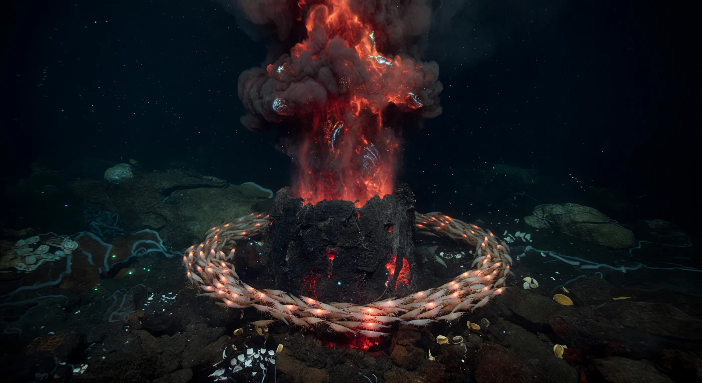 At depths where crushing pressure renders the water column an absolute void of sunlight, a black-smoker chimney of iron and copper sulfides rises from freshly erupted basalt along a mid-ocean ridge, its active orifice venting superheated fluid at roughly 350 °C directly into near-freezing abyssal seawater — a thermal and chemical collision that precipitates the dense black plume billowing upward in folded, stratified turbulence. Around the orifice, a dense living halo of *Rimicaris* vent shrimp crowds the mineralized rock in concentric layers, their translucent exoskeletons catching the faint orange-red chemiluminescent glow emanating from within the plume itself, where oxidizing sulfide compounds release trace wavelengths of light detectable only at this primordial scale. These shrimp are functionally blind in the conventional sense yet possess dorsal photoreceptors adapted to perceive precisely this geothermal radiance, navigating the thermal gradient between lethal scalding and the surrounding 2 °C abyss with evolutionary precision honed across millions of years. The vent ecosystem operates entirely beyond photosynthesis, sustained instead by chemolithoautotrophic bacteria that oxidize hydrogen sulfide into biomass, forming the base of a food web that requires nothing from the sun — a sovereign biosphere thriving at pressures exceeding 300 atmospheres, in permanent darkness, as it has since long before any witness existed to observe it.