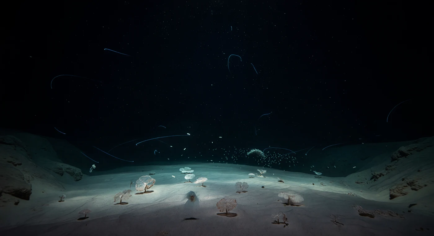 At roughly eleven kilometers beneath the surface, where the Pacific Plate plunges beneath the Philippine Sea Plate in the most extreme expression of subduction on Earth, the water column pressing down from above generates approximately 1,100 atmospheres of hydrostatic force — a pressure that shapes every molecular adaptation of the organisms that have colonized this place. The darkness is absolute and unbroken except by life itself: faint cyan arcs of bioluminescence trace brief, dissolving ribbons through the water, the biochemical signatures of drifting microbial aggregates and small pelagic organisms whose light-producing chemistry persists even at these crushing depths, momentarily illuminating sparse marine snow — fragile organic particles descending from the sunlit world more than ten kilometers above. Below, intermittently sketched into pale existence by those passing glows, the hadal floor extends as a softly undulating plain of white-beige foraminiferan ooze, where giant xenophyophores — single-celled organisms among the largest on Earth, their agglutinated tests sprawling like delicate mineral lacework — rest on the sediment surface, and a translucent hadal snailfish, its bones reduced and its body adapted to transmit rather than resist pressure, drifts just above the substrate in search of the amphipod aggregations that cluster around any organic fall. Here, temperature hovers near 1.5 °C and salinity remains stable at roughly 34.7 PSU, and in this cold, crushingly still basin the silence is not absence but the condition of a world that has always existed entirely without witness.