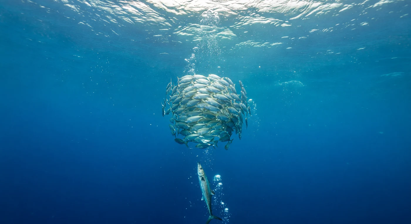 The diver hangs weightless in open blue, neither reef nor seafloor anywhere in sight, just the immense liquid cathedral of the upper water column pressing in from every direction. Directly below, a dense sphere of bigeye scad revolves like a living planet, thousands of individuals coordinating in near-perfect unison through lateral-line mechanoreception and visual cueing, their silvered flanks firing synchronized flashes of reflected sunlight — a collective antipredator display known as the confusion effect, mathematically reducing any single fish's odds of predation. From the deeper cobalt, a wahoo — *Acanthocybium solandri*, among the ocean's fastest bony fish, capable of bursts beyond 75 kilometers per hour — drives upward in a precision hunting pass, its hydrodynamically compressed body tensed against the pressure differential as it exploits the scad's momentary structural weakness at the ball's margin. God rays slope down from the bright, rippled surface overhead, illuminating fine marine snow drifting slowly through sun-warmed waters still rich in dissolved oxygen and phytoplankton-fueled productivity, while exhaled bubbles climb in silver ladders toward the light. This is the open-ocean epipelagic at its most alive — no substrate, no anchor, only biology performing its ancient arithmetic of pursuit and evasion in water column measured in sunlit fathoms.