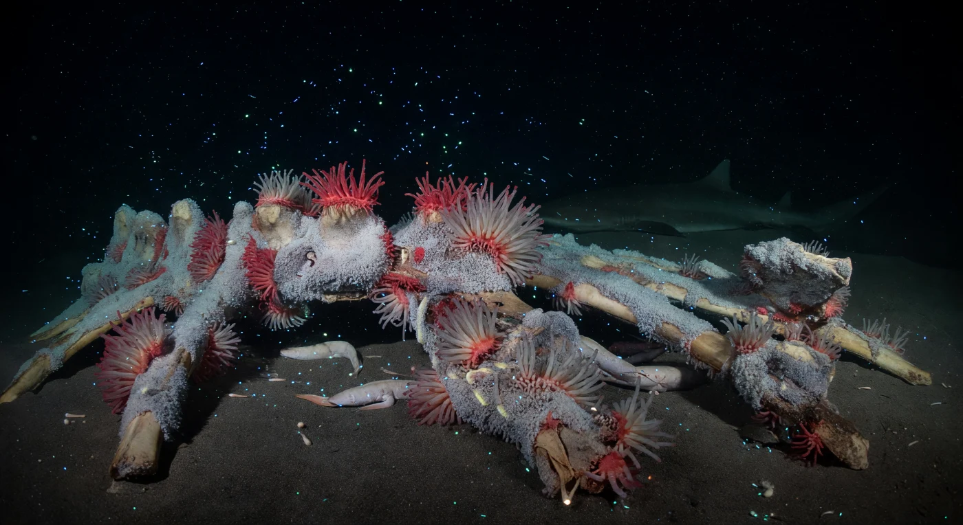 Where no sunlight has ever reached, a constellation of fractured vertebrae and arching ribs lies half-consumed by the seafloor itself, the bones bleached to chalk and furred with thick bacterial mats that glow with the faint, diffuse luminescence of sulfide-oxidizing microbial colonies. At roughly 2,500 meters, hydrostatic pressure exceeds 250 atmospheres, water temperature hovers near two degrees Celsius, and the chemical conditions within and around the decaying skeleton have shifted from aerobic decay to anaerobic sulfate reduction — a quiet geochemical revolution that transforms bone marrow into a hydrogen-sulfide factory sustaining an entire island ecosystem. From every crack and marrow channel, colonies of *Osedax* boneworms have anchored their colorless, root-like rhizoids deep into the lipid-saturated matrix, sending up hundreds of translucent stalks that bloom into vivid crimson gill plumes wavering motionlessly in the still, pressurized water, while white bacterial floc drifts free between the ribs like a perpetual slow snowfall. Hagfishes coil in the dark spaces between bones, their pale bodies slick against the sediment, and at the outermost edge of visibility a sleeper shark hangs suspended in the black water column, barely distinguishable from the void — a reminder that even in this most absolute of silences, the ocean's metabolism never stops.