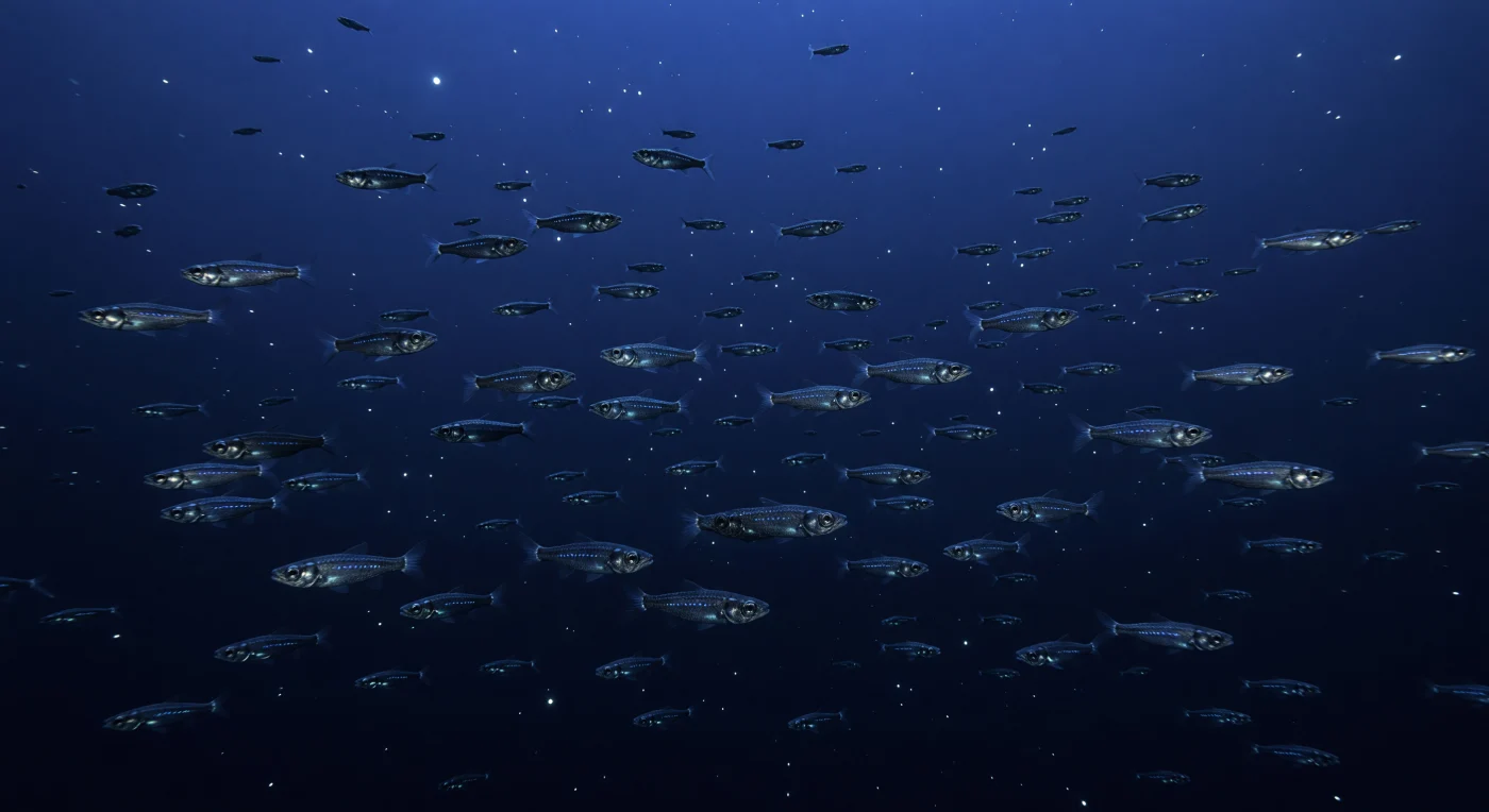 Between roughly 200 and 1,000 metres below the surface, sunlight surrenders its warmth and colour until only a last bruised cobalt persists, too faint to support photosynthesis yet just sufficient to silhouette the bodies of creatures that have learned to carry their own stars. Here, bristlemouths — genus *Cyclothone* and their kin, almost certainly the most numerically abundant vertebrates on Earth — hang suspended in midwater by the hundreds of millions, their slender silver-black bodies so slight they seem drawn in pencil against the indigo void. Along each belly runs a precise cadastral survey of photophores, organelles packed with luciferin and luciferase that fire cold blue-green light: a counter-illumination strategy that erases their own shadows when viewed from below by a predator scanning upward toward the faint remnant sky. At these pressures — twenty to one hundred atmospheres — water is not empty but structured, a medium threaded with marine snow, the slow confetti of organic detritus sinking from the sunlit world above, each particle drifting through the ambient blue as though time itself has thickened. Seen together, the dispersed school achieves an accidental astronomy, each photophore a point of slightly different brightness and spacing, composing a living constellation that tilts and recedes into darkness with no witness, no boundary, and no knowledge that it is observed.