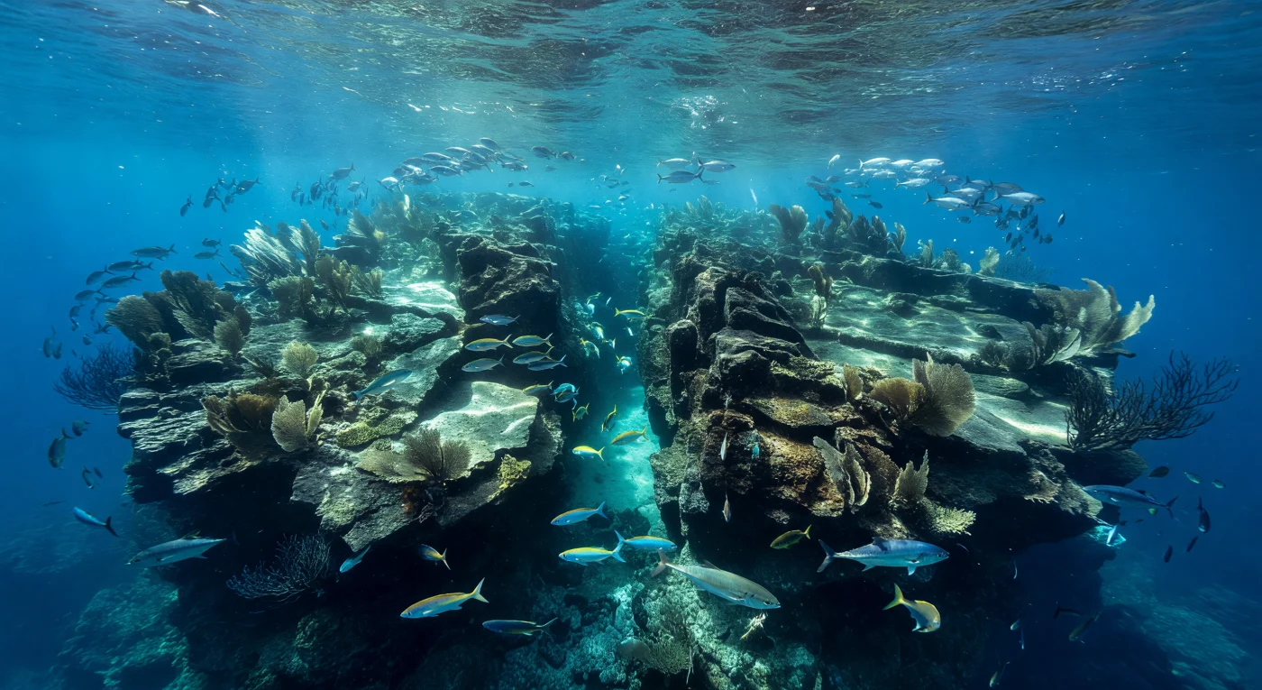 At the summit of a mid-ocean seamount, raw sunlight pours through the wave-broken surface and scatters into racing networks of caustic light that sweep continuously across the black basalt faces — volcanic rock fractured and weathered over millions of years into pinnacles, ledges, and narrow corridors where pale biogenic sand has quietly accumulated in pockets sheltered from the current. The seamount acts as a physical obstacle forcing nutrient-rich water upward through tidal pumping and internal-wave interaction, concentrating plankton in the illuminated column and drawing in cascading trophic layers: dense schools of jacks wheel and compress above the summit cap, rainbow runners cut in tight formation through the turquoise corridors between pinnacles, and larger tunas accelerate through baitfish near the abrupt drop-off where the cap falls steeply into open cobalt water and gorgonian fans — bent horizontal by persistent flow — give way to darker wire-form black coral colonies anchored on the cooler, dimmer rim. At this depth, pressure remains modest but the chemistry, the current, and the structural complexity of hard volcanic substrate conspire to make seamount summits among the most biologically concentrated environments in the open ocean, oases entirely of their own making, operating on their own timescales in water that was never meant to be witnessed.