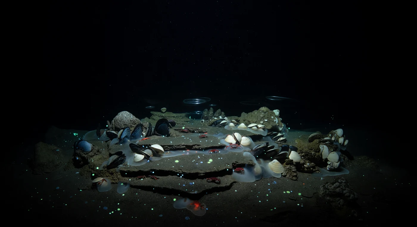 The submersible hangs motionless in absolute darkness, its lamps carving a tight cone of white light down onto a terraced bed of giant mussels and pale clams that seems to materialize from nothing — an island of life suspended in an otherwise infinite void. At pressures exceeding 200 atmospheres and temperatures hovering near freezing, these organisms survive not on sunlight but on chemosynthesis, their tissues and the dense white bacterial mats ringing their shells sustained entirely by methane and hydrogen sulfide seeping up through fractured carbonate crust far beneath the sediment surface. Above the shell beds, methane-saturated fluids shimmer upward in refractive columns, bending the light like trapped heat haze and betraying the slow, invisible chemistry that powers this entire ecosystem. Marine snow drifts through the beam in sharp suspension — organic detritus from a sunlit surface world thousands of meters overhead, a reminder that even here, the deep is loosely tethered to the photic zone above. A handful of small red crabs move with deliberate, unhurried purpose between the mussel ridges, their crimson pigmentation rendered vivid by the lamps before the darkness beyond the beam's edge swallows everything else completely.