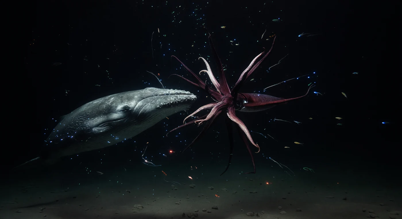 In the sunless water column hanging kilometers above a barely-perceptible abyssal plain, two of the ocean's most formidable animals meet in total darkness, their encounter illuminated only by the fragmented bioluminescent panic of disturbed deep-sea shrimps whose blue-cyan alarm flashes strobe across swiveling hooks and scarred cetacean skin. *Mesonychoteuthis hamiltoni*, the colossal squid, is the largest invertebrate on Earth by mass, its muscular mantle capable of rapid chromatophore expansion into wine-dark defensive displays, its feeding clubs armed with rotating toothed hooks that leave the distinctive circular scars etched across the slate-grey flanks of *Physeter macrocephalus* — scars that researchers study at the surface as the only lasting testimony of battles never directly witnessed. At these abyssopelagic depths, pressure exceeds 400 atmospheres and water temperatures hover near 1–2 °C, conditions that demand extraordinary physiological adaptation: the sperm whale descends on a single breath, its flexible ribcage yielding to compression, its myoglobin-rich tissues sustaining a dive that may last over an hour, while the squid navigates the same crushing cold through pressure-tolerant coelomic fluid and neutrally buoyant ammonium-rich tissues. Marine snow drifts through the scene without reference to any surface world, a continuous slow fall of organic particles that traces the invisible architecture of the water column, and the faint haze of manganese-nodule-scattered seafloor far below exists as a geological patience measured in millions of years — indifferent to the explosive, hook-lined negotiation unfolding in the black water above it.
