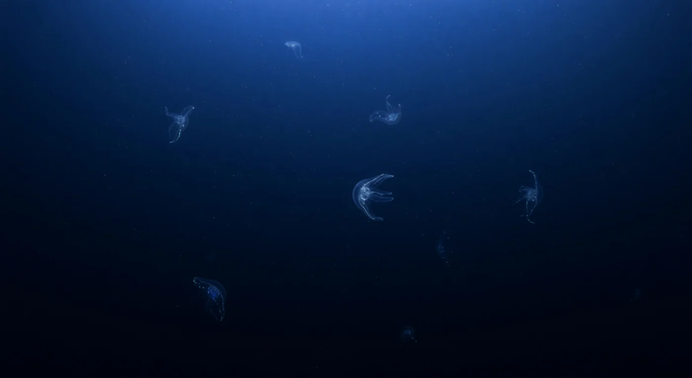 Somewhere between the last whisper of sunlight and the permanent dark below, several ctenophores hang in the open water column as though suspended in blue glass — their bodies so transparent that only the faintest refractive shimmer along curved lobes betrays their presence against the deep ultramarine. At these depths, roughly 200 to 1,000 metres down, hydrostatic pressure climbs to dozens of atmospheres, yet these gelatinous animals require no rigid skeleton to persist, their tissue barely denser than the water itself. Sparse marine snow — the slow, continuous rain of organic particles from surface waters far above — drifts past in the ambient blue, each fleck briefly legible before dissolving into darker registers below, giving scale to a volume of ocean that dwarfs anything on land. Along the comb rows that give ctenophores their name, tiny bioluminescent pulses trace dotted arcs of blue-green light, a form of cold chemical luminescence entirely independent of any external source, igniting and fading in the stillness as though the animals are quietly thinking. This is a realm that has existed for hundreds of millions of years in precisely this silence — pressured, dark, and full of life that never needed light from above to find its way.