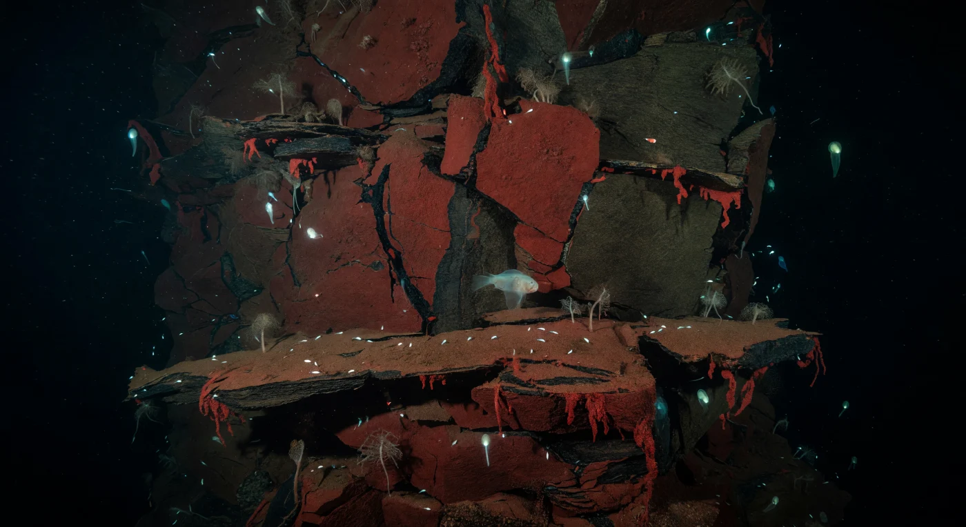 At roughly 10,800 meters beneath the surface, Sirena Deep occupies a hadal realm where hydrostatic pressure exceeds 1,080 atmospheres, a force sufficient to compress seawater itself into measurable density and to reshape the biochemistry of every organism present. The wall descending through this frame is ancient oceanic crust — fractured basalt accreted at a mid-ocean spreading center perhaps 180 million years ago, now armored in manganese oxide crusts and draped in compacted red pelagic clay, the oxidized residue of countless millennia of slow sediment rain from the sunlit ocean impossibly far above. In the complete absence of solar photons, the only illumination that has ever touched this rock arrives episodically from the organisms themselves: gelatinous drifters produce brief blue-green pulses that wash across jagged fracture planes and silt-dusted ledges before the darkness reclaims everything, a communication system, a predator lure, or simply a cellular accident witnessed by no witness at all. Against one rust-colored shelf, a hadal snailfish — among the deepest-living vertebrates known to science, its bones demineralized, its flesh suffused with pressure-stabilizing trimethylamine oxide — holds position in water just above 2°C, while xenophyophores, single-celled giants that aggregate sediment particles into fragile tests, cling to the quieter clay faces as the largest individual cells on Earth. This wall has never known light, never known stillness broken by anything other than life, and it will continue its slow subsidence into the subduction zone long after every surface ocean has changed beyond recognition.