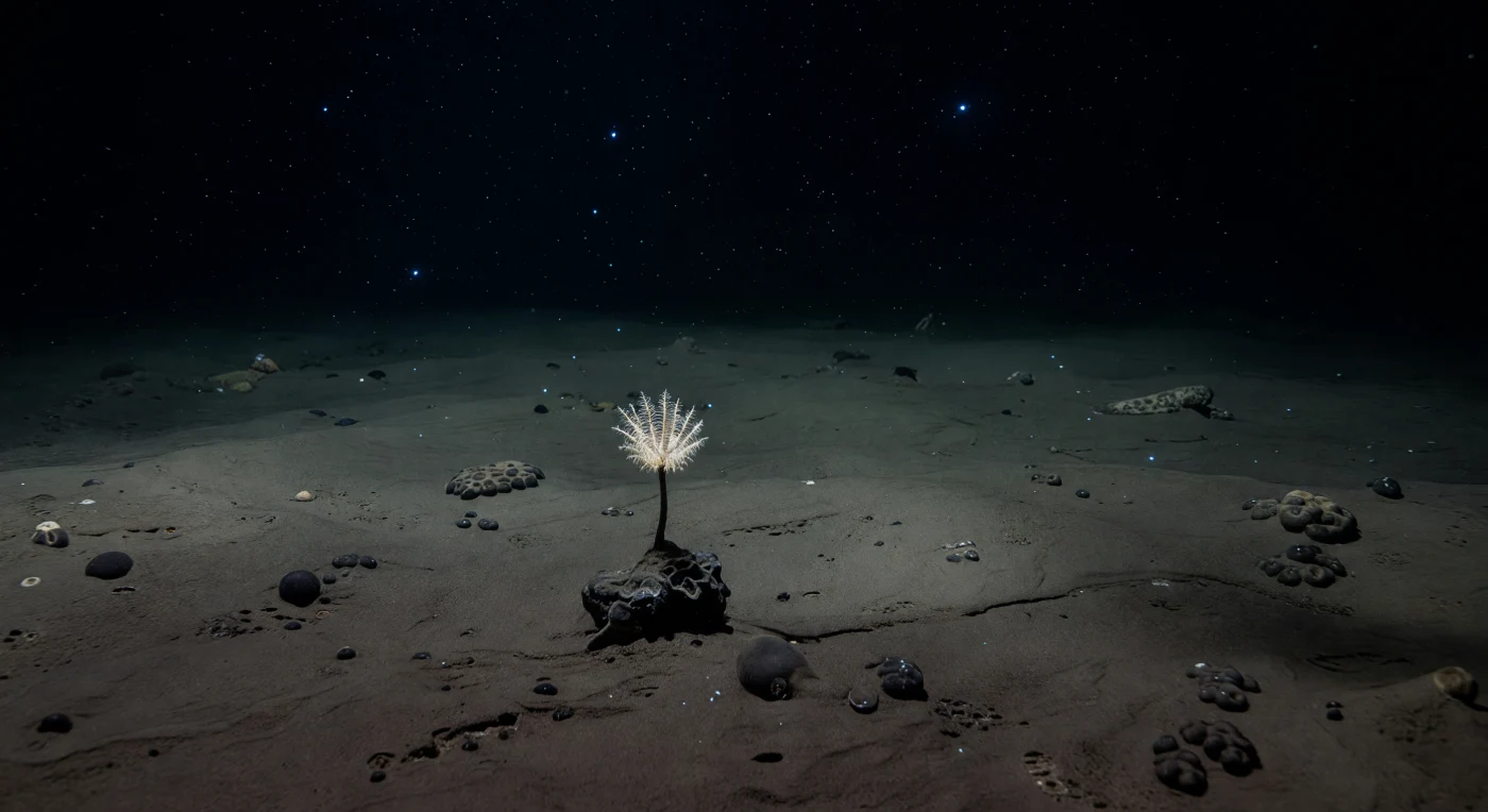 At four to six thousand metres below the surface, where hydrostatic pressure exceeds four hundred atmospheres and water temperatures hover near two degrees Celsius, a single stalked crinoid rises from a polymetallic manganese nodule — one of countless such concretions that litter the abyssal plain like scattered stones across an immense cold desert. The crinoid's slender stalk anchors it to this rare hard substrate, elevating its ivory feathered crown just enough above the surrounding siliceous mud to intercept the near-imperceptible bottom current, each pinnule fanned wide to filter the slow drift of marine snow — the ceaseless soft rain of organic particles, diatom frustules, and faecal pellets descending from the photic zone kilometres above. Across the gently undulating sediment plain, faint bioturbation traces and the distant shapes of holothurians betray the presence of a sparse but persistent benthic community, organisms piezophilic by necessity, their biochemistry tuned to function where no surface life could survive. Occasional blue-cyan bioluminescent sparks drift through the water column — brief chemical signals exchanged in total darkness by organisms that have never known sunlight — while the pale particulates of marine snow drift silently downward, the only visible motion in a world of extraordinary stillness. Here, beyond any reach of surface seasons or human timescales, the abyssal plain continues its slow, pressurized existence: ancient, vast, and absolutely indifferent to being observed.