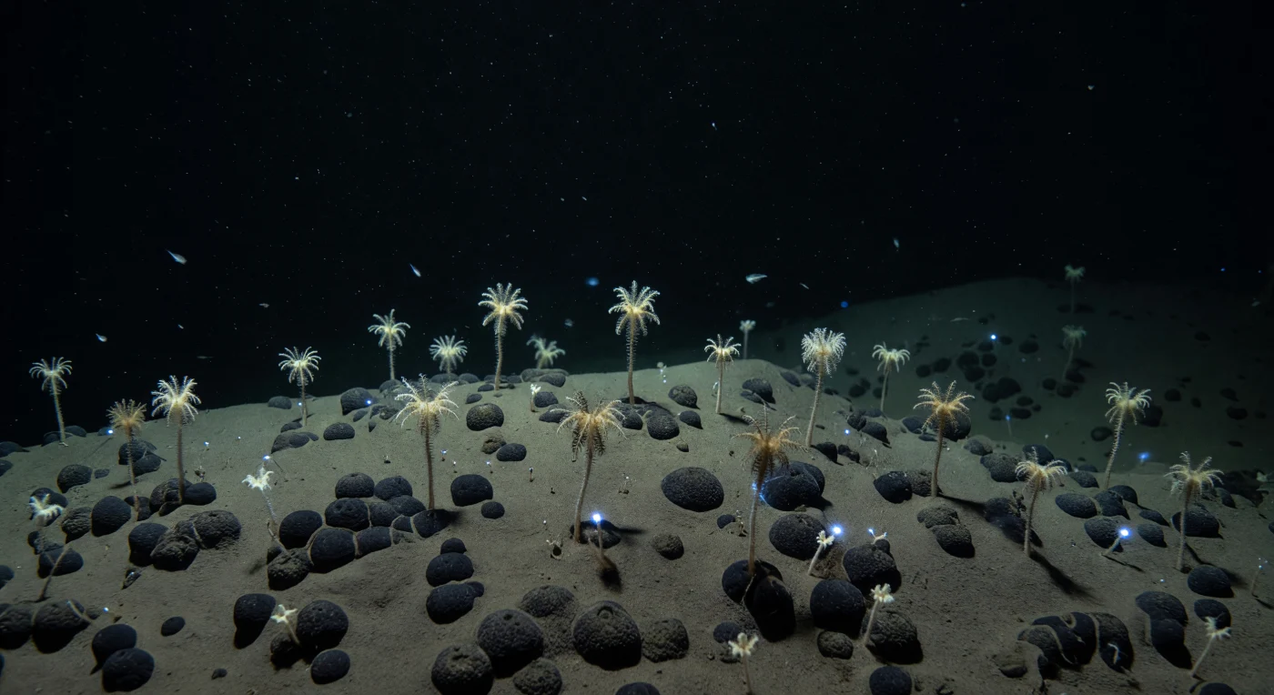 At roughly five kilometers beneath the surface of the equatorial Pacific, the abyssal plain of the Clarion–Clipperton Zone stretches away in every direction as a near-featureless expanse of pale grey-brown siliceous mud, broken only by the black, rough-surfaced manganese nodules that have been accreting, grain by imperceptible grain, for millions of years — growing at rates measured in millimeters per million years under pressures exceeding 500 atmospheres. From the surfaces of several of these nodules, stalked crinoids — living relatives of forms preserved in Paleozoic rock — rise on slender calcite stems, holding their pinnule-fringed arms in a delicate radial crown that filters passing organic particles from water barely above freezing, water that has not seen sunlight since it sank in polar seas centuries ago. Faint bioluminescent pulses — blue-cyan flickers from drifting plankton invisible except in that cold instant of self-illumination — briefly trace the curvature of a nodule, rim the translucent edges of a crinoid arm, and then vanish, leaving the sediment to its velvet silence and the slow, continuous drift of marine snow settling down from the sunlit world impossibly far above. This is one of the most extensive and least disturbed benthic ecosystems on Earth, where biomass is extraordinarily sparse but biological diversity is surprisingly high, each organism an evolutionary solution to perpetual darkness, crushing pressure, oligotrophic scarcity, and the cold patience of geological time.