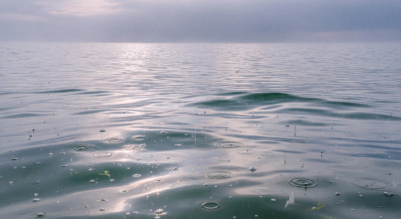 At the ocean's uppermost skin — a boundary measured in millimeters yet governing exchanges between atmosphere and sea — fine rain dismantles the surface microlayer one drop at a time, each impact excavating a momentary crater, flinging a crown of tiny droplets, and releasing a trapped air bubble that descends as a resonating sphere, producing the characteristic broadband hiss that propagates downward through the water column as a dense acoustic field. The sea-surface microlayer itself, that gossamer film enriched with dissolved organics, lipids, and gelatinous neuston — organisms that spend their entire lives at this precise boundary — is rhythmically disrupted and reconstituted between impacts, its translucent residents rocking on the interference rings crossing the broader swell geometry beneath a pre-dawn sky diffusing cool silver-lilac light. Where clusters of drops strike together, bubble plumes carry freshened, slightly cooler water downward, creating transient haline lenses only centimeters thick that float above the saltier ocean below, a microstratification that will persist only until wind or breaking waves erase it. This is where the hydrological cycle closes its loop, where evaporated ocean water returns as precipitation to locally freshen the surface, cool the skin, seed acoustic turbulence, and nourish the invisible community of organisms riding the interface — a world of extraordinary physical complexity existing at the thinnest possible margin between sky and sea.