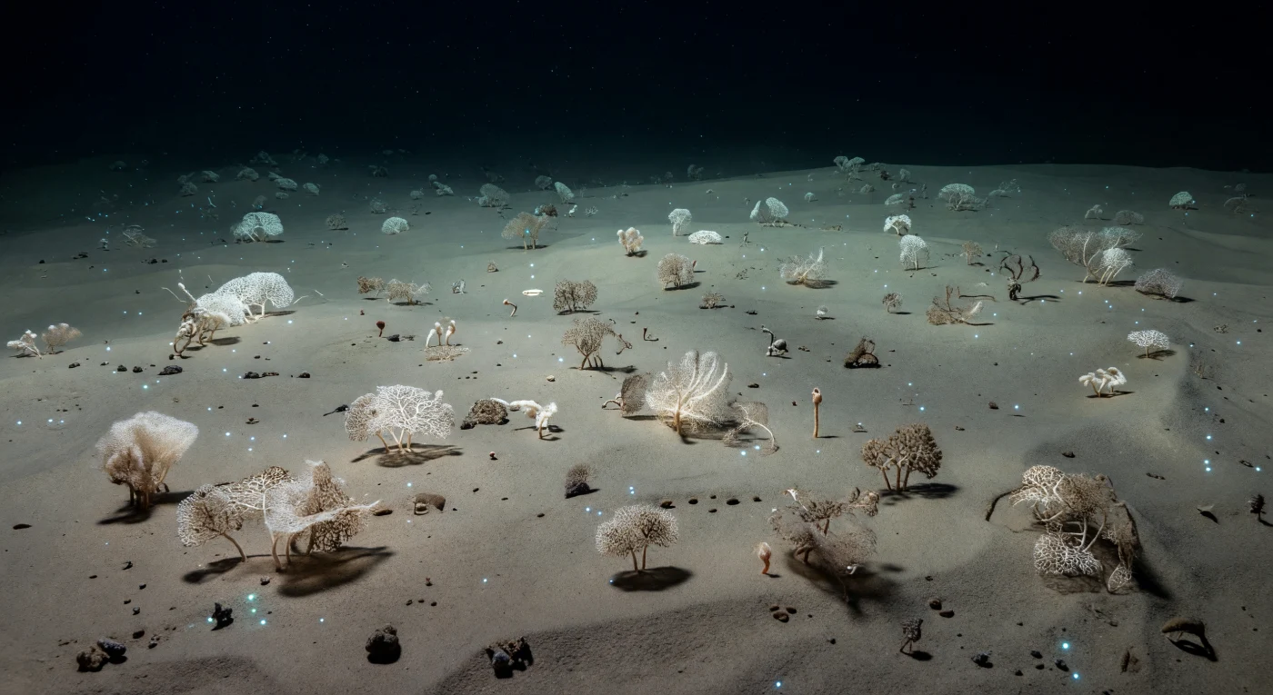 In einer Tiefe von vier- bis sechstausend Metern liegt die Tiefseeebene als eine der ausgedehntesten und zugleich stillsten Landschaften unseres Planeten: ein nahezu ebenes Plateau aus feinstem pelagischen Schlamm – kalkig oder kieselig –, das sich in alle Richtungen ins Schwarz erstreckt, kaum bewegt von den schwächsten Bodenströmungen, die seine Oberfläche in zarte Wellenlinien formen. Hier, unter einem Druck von vierzig bis sechzig Megapascal und bei Wassertemperaturen knapp über dem Gefrierpunkt, ruhen Xenophyophoren auf dem Sediment: zu den größten bekannten Einzellern der Erde gehörend, bilden sie filigrane, netzartige Gerüste aus Elfenbein und Taupe, die sich wie gefrorene Spitze über den Meeresgrund verteilen und mit ihrem agglutinierenden Bau aus Sedimentpartikeln und Fremdkörpern einen einzigartigen Mikrohabitat für winzige Foraminiferen, Polychaeten und andere Meiofauna schaffen. Vereinzelte cyan-blaue Biolumineszenzsignale driften träge über die Strukturen hinweg und umreißen kurz die Geometrie der Spitzenkörper, bevor sie im Dunkel verlöschen – die einzigen Lichtquellen in einer Welt, in die kein Sonnenstrahl seit Jahrmillionen je gedrungen ist. Mariner Schnee, das stetige Sediment aus abgestorbener organischer Substanz der darüberliegenden Wassersäule, sinkt in kaum wahrnehmbarer Zeitlupe auf die Schlammoberfläche nieder und hält dieses scheinbar leblose Ödland in einem unaufhörlichen, leisen biogeochemischen Kreislauf am Leben.