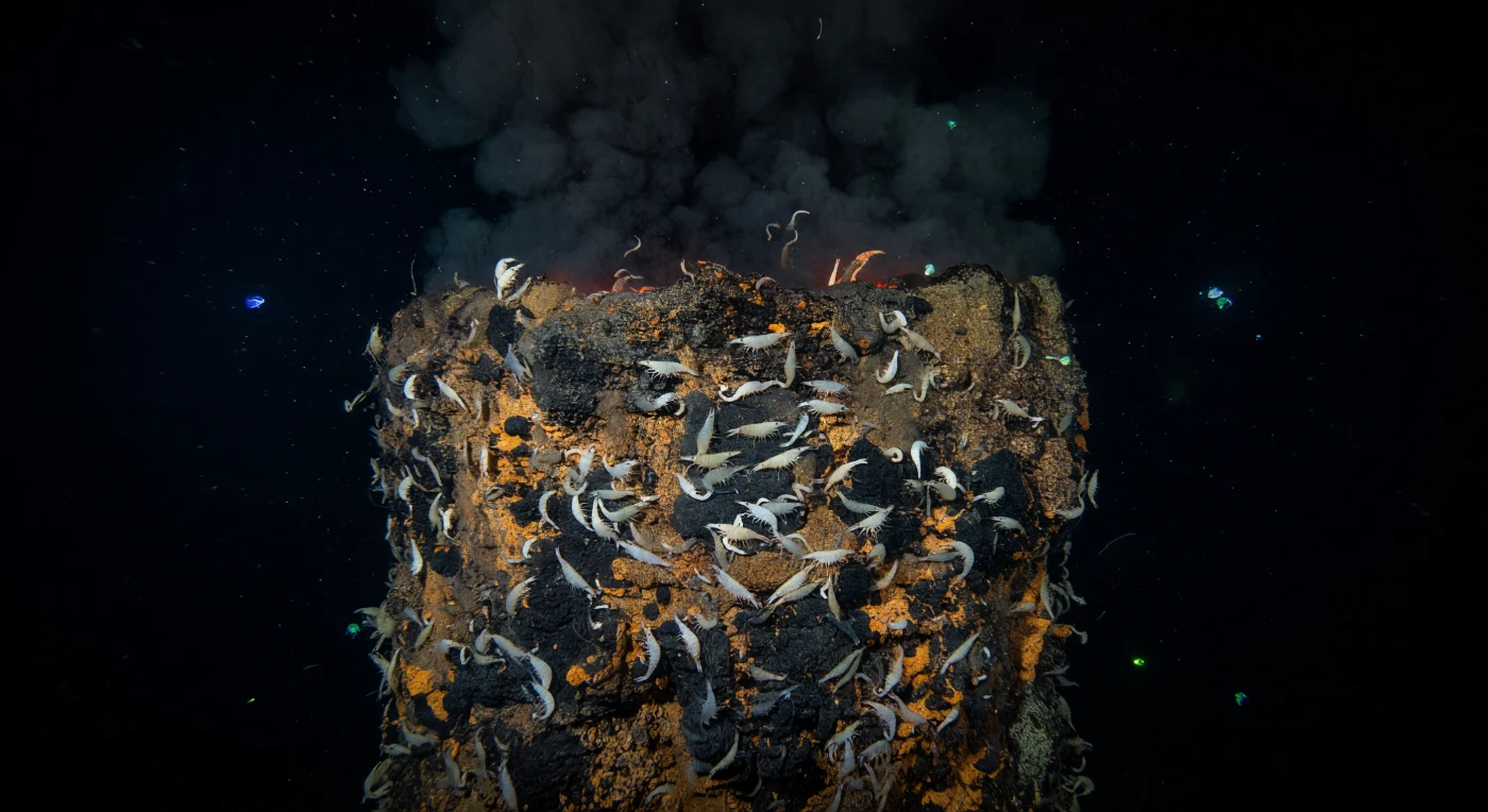 Die ROV-Scheinwerfer reißen einen engen, grell-weißen Lichtkegel aus der absoluten Finsternis und enthüllen eine lebende Wand: Hunderte von blinden Alvinocariden-Garnelen drängen sich in jeden Riss und auf jedes Sims der rostbraunen Sulfidkruste, ihre blassen, durchscheinenden Körper schimmern wie nasse Perlen im künstlichen Licht, während sich jenseits des Strahlkegels die Schwärze der Tiefsee sofort und vollständig schließt. In rund 2.500 Metern Tiefe lastet ein Druck von etwa 250 Bar auf allem, kein Sonnenstrahl hat diesen Ort je berührt, und dennoch pulsiert hier Leben – nicht durch Photosynthese, sondern durch Chemosynthese, angetrieben von den giftigen, bis zu 400 Grad Celsius heißen Fluiden, die aus dem Schwarzen Raucher über dem Bildrand brodeln. Die Garnelen, deren Augen im Laufe der Evolution rückgebildet und durch spezialisierte dorsal liegende Photorezeptoren ersetzt wurden, navigieren diese geothermale Oase mithilfe der schwachen Infrarotstrahlung des Vents selbst, während das Wasser unmittelbar an der Krustenoberfläche flirrt, wo supererhitztes Hydrothermalhfluid auf nahezu gefrierendes Tiefseewasser trifft und Brechungsindex-Gradienten erzeugt, die die Szene wie durch heiße Sommerluft verzerren. Mariner Schnee und feine Mineralpartikel treiben durch den Lichtstrahl wie Asche in einem erloschenen Raum, und hinter dem Rand der Kamera-Illumination herrscht ein Schweigen und eine Kälte, die jede menschliche Maßstabserfahrung übersteigen.