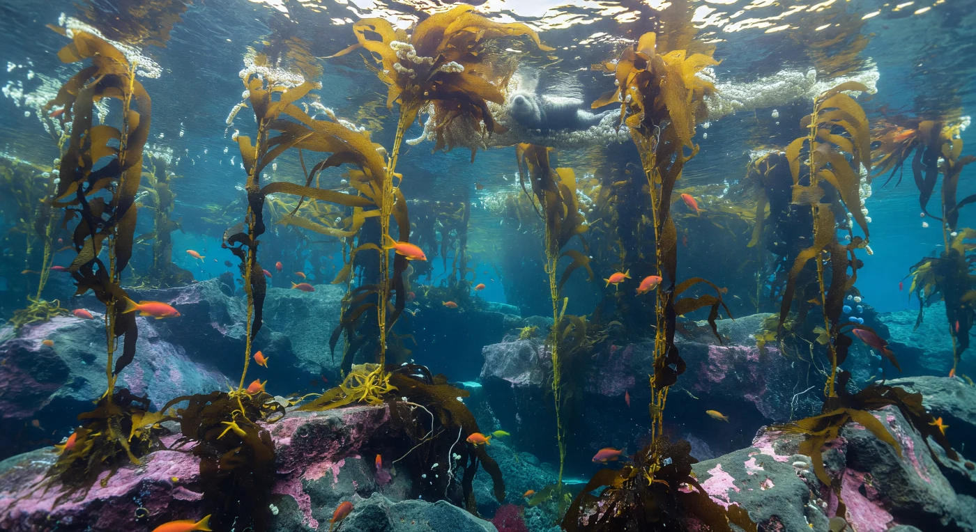 Unter dem schimmernden Baldachin der Riesentange, wo die Oberfläche in zitternden Lichtnetzen flackert, erheben sich die Stipes von *Macrocystis pyrifera* wie lebendige Säulen aus dem basaltischen Grund — zwanzig Meter schlanke, flexible Schäfte, die durch schwebende Pneumatozystenreihen, perlmuttartig und gespannt, an das Licht gebunden bleiben. Das Sonnenlicht fällt in breiten, grünlich-blauen Strahlen durch die Lücken des Blätterdachs, bricht sich an jeder Strömungswalze und taucht die Wassersäule in ein lebhaftes, bewegliches Spektrum von Türkis bis tiefem Kobalt — eine Optik, die nur in kühlem, nährstoffreichem Auftriebswasser dieser Qualität möglich ist, wo Nitrat und Phosphat die enorme Primärproduktion antreiben. Die Basaltbänke und -blöcke darunter sind dicht mit rosa Korallinenalgen überzogen, und die kräftigen Haftorgane der Kelppflanzen greifen wie verwurzelte Hände in das poröse Vulkangestein, während leuchtend orange *Hypsypops rubicundus* — Garibaldis, die farbenprächtigsten Demoisellen des nordostpazifischen Riffs — lautlos zwischen den Stipes gleiten, ihre Farbe strahlend gegen das olivfarbene Grün der Blätter. Irgendwo in der schwebenden Krone aus ineinandergreifenden Frondes liegt ein Seeotter eingebettet, von gerippeltem Gegenlicht sanft umhüllt, Teil dieser stillen, selbstgenügsamen Welt, die seit Jahrmillionen ohne Zeugen existiert.