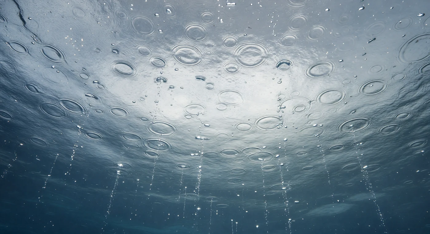 Wo Himmel und Meer aufeinandertreffen, bildet sich eine der dynamischsten und zugleich dünnsten Grenzschichten der Erde: die Meeresoberfläche unter fallendem Regen. Von unterhalb dieser Haut aus betrachtet verwandelt sich die Grenzfläche in eine lebendige, gehämmerte Membran aus fortwährend entstehenden und kollabierenden Miniaturkratern, zarten Kronensplittern, die sich im nächsten Augenblick bereits auflösen, und perlenden Luftblasen, die von den Einschlagpunkten nach unten driften und das einfallende Tageslicht in unzählige kleine Leuchtsplitter zerlegen. Durch das Snell-Fenster – jenes physikalisch definierte Oval, durch das das gesamte Halbraum des Himmels in einen kegelförmigen Ausschnitt komprimiert erscheint – dringt diffuses Tageslicht einer bedeckten Atmosphäre als weißsilbernes Zentrum, das nach außen hin in kühles Cyan und dunkles Stahlblau übergeht, während zerbrochene Kaustiken nur noch als flüchtige Glanzflecken an den Wasserlinsen der Mikrokrater aufleuchten. Der auftreffende Regen überträgt Impuls, Turbulenz und akustische Energie in die obersten Zentimeter des Ozeans: Druckwellen breiten sich als konzentrische Schleier aus, sichtbar gemacht durch die Streuung an Mikroblasen, die den Wasserkolonnen der Einschläge anhaften – ein natürliches akustisches Muster, das Hydrophone als charakteristisches breitbandiges Rauschen registrieren. An der Oberfläche selbst bilden sich transiente Süßwasserlinsen, die bei geringen Windgeschwindigkeiten eine dünne haline Schichtung erzeugen und die Mikrostruktur des Ozeans auf einer Skala von Millimetern neu ordnen – ein Prozess, der für globale Energie- und Gasflüsse zwischen Atmosphäre und Meer von messbarer Bedeutung ist, sich jedoch vollständig ohne jede Beobachtung vollzieht.