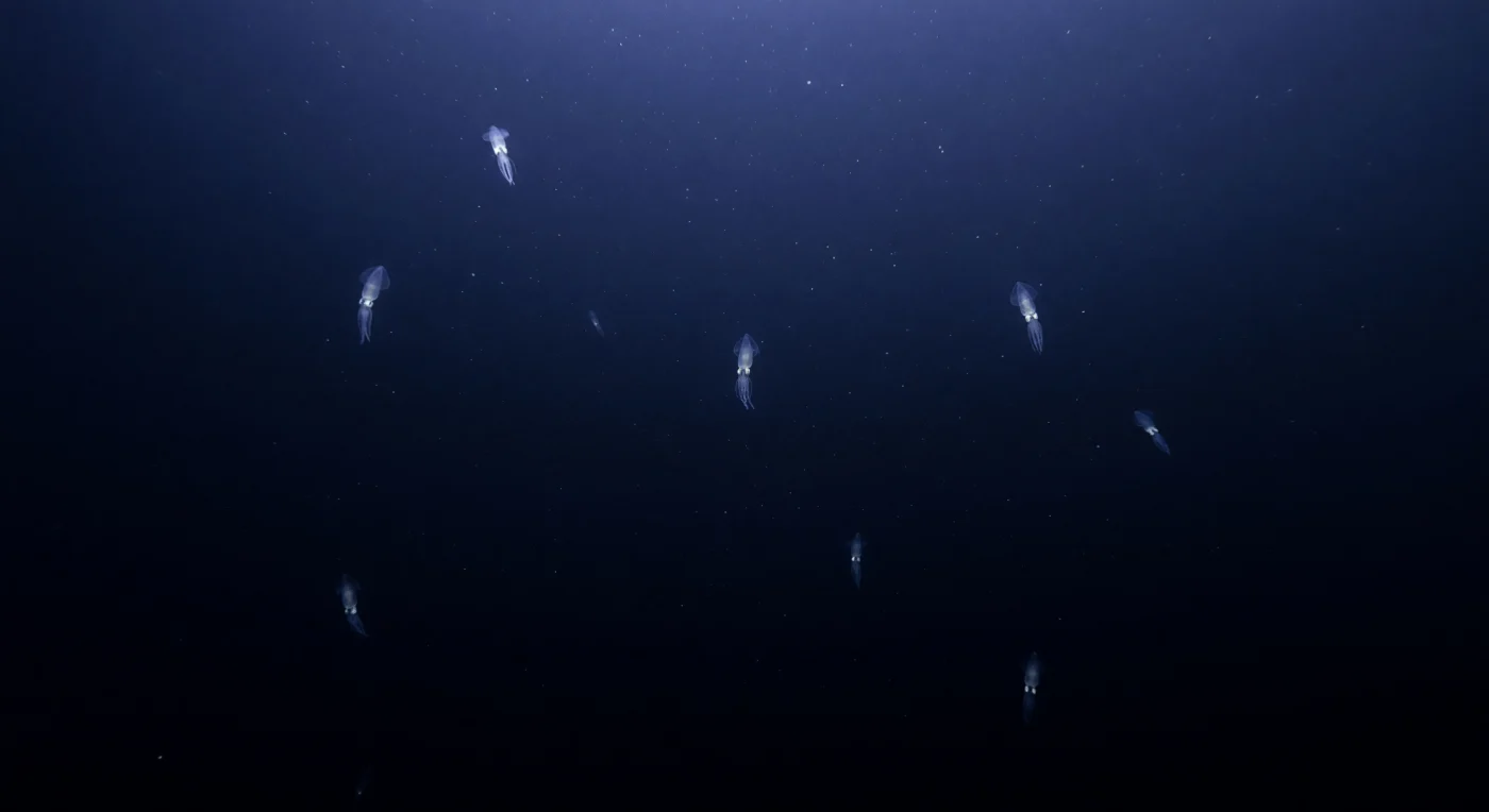 In den mittleren Wassertiefen des offenen Ozeans, wo das Sonnenlicht von oben nur noch als ein fahles, kobaltblaues Leuchten herabdringt, hängen wenige Glaskalmare der Familie Cranchiidae nahezu reglos im Wasser – ihre gallertartigen Mäntel so transparent, dass sie kaum von der Dunkelheit zu unterscheiden sind. Nur ihre silbrig schimmernden Augen und die schwach erkennbaren inneren Organe verraten ihre Anwesenheit, während zarte Flossen und feine Tentakel in vollkommener Stille ruhen. Auf diesen Tiefen zwischen zweihundert und tausend Metern lastet ein Druck von zwanzig bis hundert Atmosphären auf allem Lebenden; die Temperatur nähert sich dem Gefrierpunkt, und das einzige natürliche Licht ist jener sterbende blaue Schimmer, der von der fernen Oberfläche herabfiltert und nach unten hin ins Schwarze versinkt. Cranchiidae haben diese radikale Transparenz als Tarnstrategie entwickelt, um im Gegenlicht der Restbeleuchtung für Räuber unsichtbar zu bleiben – ein evolutionäres Meisterwerk der Anpassung an eine Welt, in der Sehen und Gesehenwerden über Leben und Tod entscheidet. Mariner Schnee treibt lautlos durch das Wasser, vereinzelte biolumineszente Funken glimmen in weiter Ferne, und der gesamte Ozean existiert hier in absoluter Stille, vollkommen gleichgültig gegenüber jeder Betrachtung.
