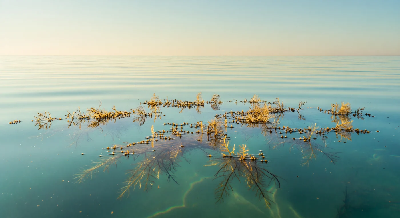 Im frühen Morgenlicht gleitet ein loses Sargassum-Floß über eine spiegelglatte, fast windstille Oberfläche des offenen Atlantiks – ein sogenanntes *mer d'huile*, ein Ölmeer, bei dem der Wellengang auf Beaufort 0 bis 1 gesunken ist und die kaum merklichen Kapillarwellen das goldene Sonnenlicht in sanfte Kaustikmuster unter der Wasseroberfläche verwandeln. Die braun-goldenen Tange der Gattung *Sargassum*, mit ihren charakteristischen pneumatischen Auftriebsblasen (*aerocysts*), bilden ein einzigartiges pelagisches Ökosystem – das einzige großflächige Lebensraumfloß im freien Ozean –, das im Sargassosee und darüber hinaus Dutzende hochspezialisierter Arten beherbergt, darunter *Histrio histrio*, die Sargassumfischkröte, sowie zahlreiche Garnelen, Krabben und Schnecken, die in ihrer Tarnfärbung perfekt an das gelblich-braune Geflecht angepasst sind. Die Meeresoberflächenmikroschicht (*sea-surface microlayer*, SML) – eine nur Mikrometer dünne Grenzzone zwischen Atmosphäre und Ozean – ist hier besonders reich an gelösten organischen Substanzen, Tensiden biologischen Ursprungs und Mikroorganismen, die den Gasaustausch von CO₂ und O₂ zwischen Meer und Luft regulieren. In dieser Stille, fernab jedes Ufers, existiert das Floß als eine in sich geschlossene, treibende Welt: vollständig selbsttragend, vom Tageslicht durchdrungen, von Strömungen gelenkt, still und vollkommen ohne Zeugen.