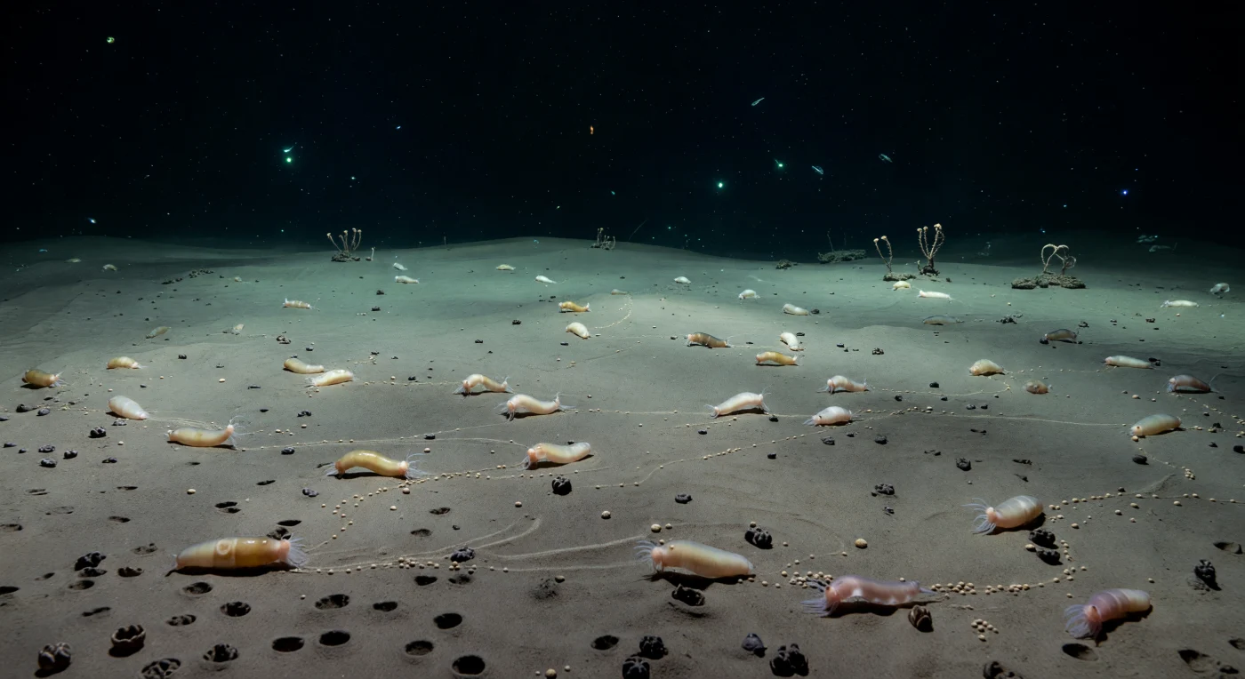 In einer Tiefe von vier- bis sechstausend Metern, unter einem Druck von bis zu sechshundert Atmosphären, erstreckt sich die Tiefseeebene als eine der ausgedehntesten und zugleich stillsten Landschaften der Erde: ein nahezu ebener Boden aus feinem kalkigem und kieseligem Schlamm, der sich in alle Richtungen in absolute Dunkelheit verliert, durchzogen von zarten Frissfurchen, Kotschnüren und vereinzelten Manganknollen, die von keiner Strömung, keinem Licht, keiner saisonalen Schwankung berührt werden. Dutzende von Seewalzen — in durchscheinendem Cremeweiß, warmem Bernstein und zartem Rosa — bewegen sich in geologischer Langsamkeit über den Sedimentgrund, jede umgeben von frisch aufgewühlten Spuren ihrer Nahrungsaufnahme, als hätte eine unsichtbare Hand einen Garten in die Stille eingeschrieben. Das einzige Licht in dieser Welt ist kein Licht im menschlichen Sinne: vereinzelte blaugrüne Funken lebender Organismen treiben durch die Wassersäule, gelegentliche Cyan-Schimmer winziger Lebewesen durchziehen das Dunkel, und überall sinkt Meeresschnee — feine weiße und beige Partikel, Reste von Plankton und organischem Material aus der beleuchteten Oberfläche hunderte Kilometer darüber — lautlos und gleichmäßig zu Boden, der einzige Regen in einer Welt ohne Jahreszeiten. Hier, bei Temperaturen knapp über dem Gefrierpunkt und unter einem Gewicht des Wassers, das jeden Hohlraum auszulöschen scheint, existiert das Leben in konzentrierter Geduld: spezialisiert, druckadaptiert, biochemisch neu erfunden — eine Gemeinschaft, die seit Jahrmillionen in sich selbst vollständig ist, ohne je von oben gewusst zu werden.