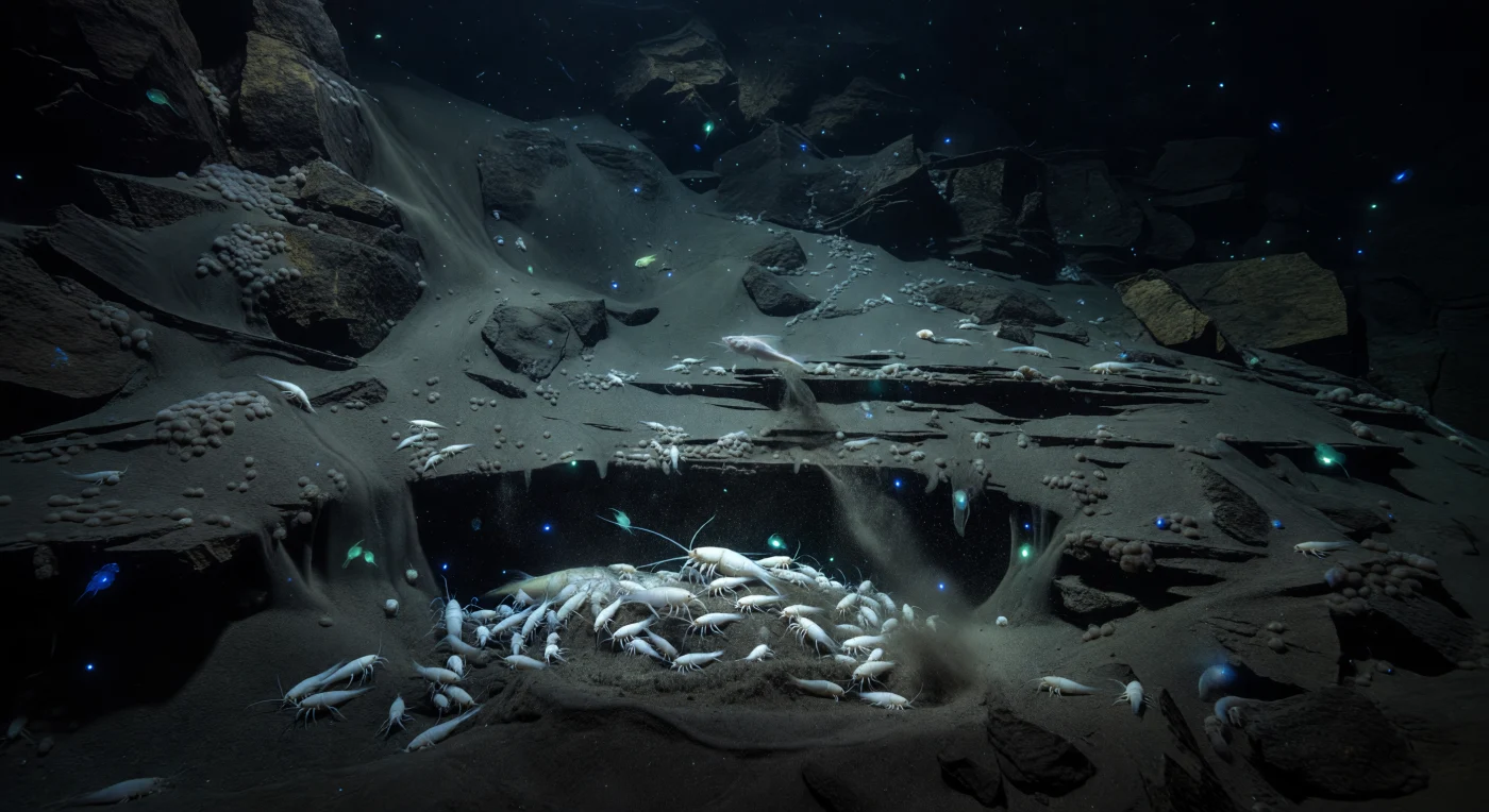 In einer geschützten Mulde am Hang des Tiefseegrabens, etwa 8.000 Meter unter der Meeresoberfläche, herrscht ein Druck von nahezu 800 Atmosphären – genug, um jeden nicht angepassten Organismus augenblicklich zu zerstören. Auf einem Kadaver, der lautlos durch die Wassersäule gesunken und halb in den weichen Schlick eingesunken ist, wimmelt es von riesigen Amphipoden der Gattung *Hirondellea* und verwandter Hadal-Spezialisten: ihre elfenbeinfarbenen, durchscheinenden Körper, perfekt an diesen extremen Druck angepasst durch piezophile Enzyme und speziell modifizierte Zellmembranen, durchwühlen in dichten Schwärmen die aufgewirbelte Sedimentwolke, Beine und Antennen in fieberhafter, stiller Bewegung. Gelegentliche kobaltblaue und blaugrüne Lichtpulse – das natürliche Biolumineszenz gallertiger Drifter und pelagischer Tiere, die durch die absolute Dunkelheit ziehen – streifen für Sekundenbruchteile die transluzenten Panzer der Amphipoden, die feuchten Texturen des Kadavers und die schleimigen Konturen der von Verwerfungen gezeichneten Grabenwand, bevor sie im Nichts erlöschen. Ein geisterhaft blasser Hadal-Schneckenfisch (*Pseudoliparis* sp.), der tiefste bekannte Wirbeltier der Erde, schwebt reglos am Rand des Geschehens, gehalten durch eine mit Trimethylaminoxid stabilisierte Biochemie, während Meeresschnee und feine Nepheloid-Partikel durch das eiskalte, kaum bewegte Wasser sinken – Überreste des fernen Lebens an der Oberfläche, die als organischer Regen die einzige Energiequelle in dieser primordial schweigenden Welt darstellen.
