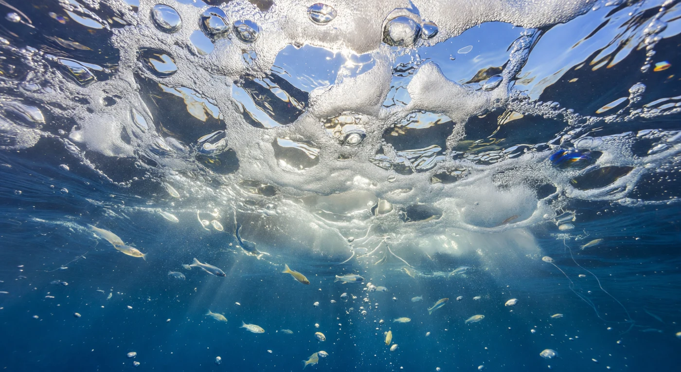 Der Freitaucher hängt regungslos einen halben Meter unterhalb der Wasseroberfläche und blickt nach oben in eine lebendige, milchig-leuchtende Decke aus frischem Schaum – ein polydisperses Blasengeflecht, das von starkem Sonnenlicht von oben durchschnitten wird und das gesamte obere Wasser in ein schimmerndes, rückstreuungsreiches Glühen taucht. Das Netzwerk silberweißer und perlmuttfarbener Blasen bildet die Unterseite der Meeresoberfläche, wo brechende Wellen Luft in den oberen Dezimetern der Wassersäule eintragen und damit intensive Gasaustauschprozesse sowie eine ungewöhnlich dichte Konzentration von Surfactant-reichen organischen Filmen in der Meeresoberflächenmikroschicht erzeugen. Durch gerissene Lücken im Schaum blitzen Fragmente des hellen Himmels im verzerrten Snell'schen Fenster auf, während die übrige Oberfläche kobaltblau-verspiegelt wirkt und scharfe Kaustikbänder ins Wasser darunter werfen. Transluzente Salpen und Fischlarven im Frühstadium gleiten lautlos durch diese Lichtstrahlen – ihre gallertartigen Körper nahezu unsichtbar, nur durch gebrochene Ränder, winzige Augen und zarte innere Strukturen verraten –, denn die pelagische Wassersäule nahe der Oberfläche ist reich an Zooplankton, Exopolymer-Flocken und mikrobiellem organischem Material, das sich in der Mikroschicht anreichert. Der Druck hat sich kaum verändert, der Taucher spürt kaum mehr als die Atmosphäre über ihm, und doch wirkt diese Grenzfläche zwischen Ozean und Atmosphäre wie eine zitternde, lichtdurchflutete Membran – ein wissenschaftlich außerordentlich aktiver Ort des Stoff- und Energieaustauschs, so zugänglich wie er ökologisch bedeutsam ist.