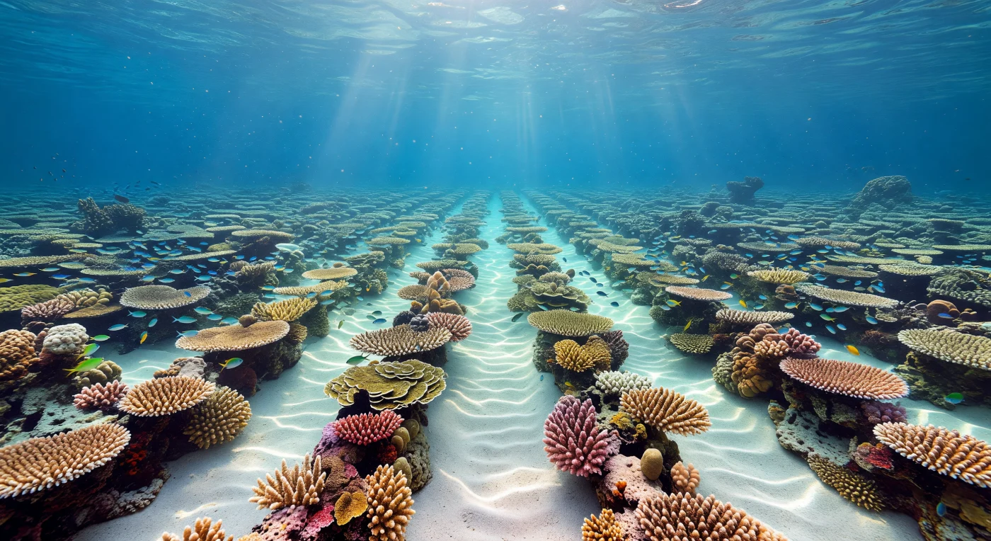 Im flachen Wasser der tropischen Epipelagial, zwischen null und wenigen Zehnermetern Tiefe, verwandelt das Sonnenlicht die Welt unter der Oberfläche in ein lebendes Mosaik aus Blau, Türkis und Gold: Kaustiken — jene tanzenden Lichtgitter, die durch die bewegte Wasseroberfläche gebrochen werden — gleiten pausenlos über Korallenskelette, rippenförmige Sandrinnen und die silbrig schimmernden Flanken kleiner Chromis, die in lockeren Schwärmen zwischen den Ästen der Verzweigungskorallen pendeln. Die Riffstruktur selbst ist ein geologisches Archiv aus Jahrtausenden biogener Karbonatabscheidung: Plattenkorallen (*Acropora* sp.) breiten ihre horizontalen Tische aus, um möglichst viel des unter Wasser stark nach Blau gefilterten Lichts einzufangen, während kompakte Kuppelkorallen und inkrustierende Formen die Zwischenräume besetzen und dem Riff seine mechanische Widerstandskraft gegen Strömung und Wellenenergie verleihen. In den hellen Sandrinnen zwischen den Korallenspornen akkumulieren feinsandige Sedimente aus verwittertem Korallenmaterial, Foraminiferen und Kalkalgenfragmenten; das Wasser darüber besitzt in dieser Klarheit eine Transparenz, die Licht noch in Tiefen von über hundert Metern photosynthetisch wirksam macht, auch wenn hier bereits mehr als zwei Atmosphären Druck auf jedem Quadratzentimeter lasten. Dieser Lebensraum — produktiv, lichtdurchflutet, von Strömungen durchpulst und reich an strukturbildenden Organismen — existiert in vollkommener Stille seiner eigenen Gesetzmäßigkeiten, unbeobachtet und in sich vollständig.