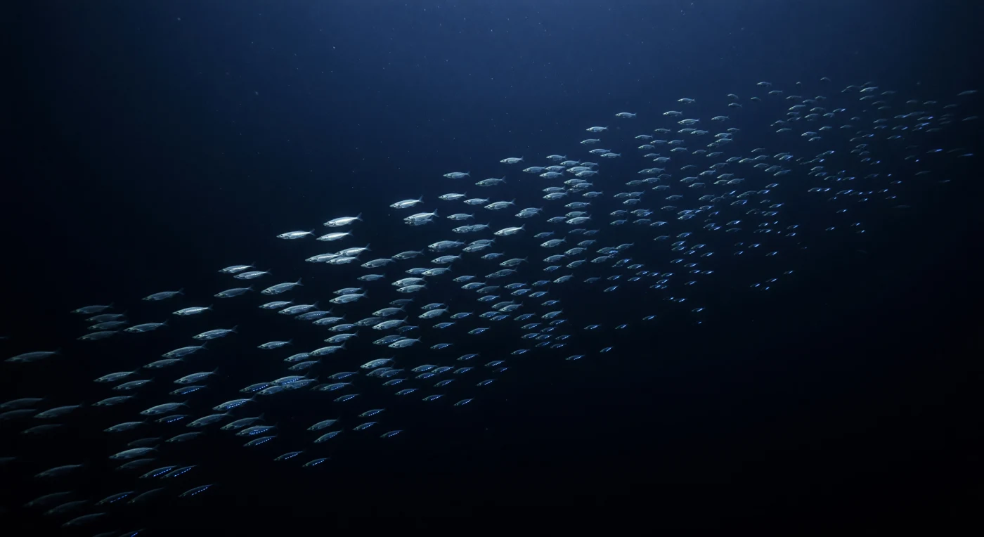 In rund 400 bis 500 Metern Tiefe, weit unterhalb der letzten Spuren nutzbaren Sonnenlichts, vollzieht sich eine der größten täglichen Wanderungen der Biosphäre: Tausende von Laternenfischen der Familie Myctophidae steigen in einer schrägen, lebendigen Ebene durch die Wassersäule auf, ihre schlanken, halbdurchsichtigen Körper von spiegelglatten Flanken umhüllt, die das letzte schwindende Blau von oben in kalten, kurzen Aufblitzen reflektieren. Bei einem Druck von über 40 bar und Temperaturen nahe dem Gefrierpunkt existiert hier kein Meeresboden, keine Oberfläche — nur offenes pelagisches Wasser, durchzogen von langsam sinkenden Marineschnee-Partikeln und einer feinen Suspension organischer Fragmente, die im gleichmäßigen Kobaltschimmer kaum sichtbar werden. Entlang der Bäuche vieler dieser Fische leuchten winzige Photophere in akkuraten Reihen als blau-weiße Punkte — artspezifische Muster, die der Gegenlichtanpassung dienen und verhindern, dass ihr Silhouette von darunter lauernden Räubern erkannt wird. Oberhalb des Schwarms verdünnt sich das Licht zu einem letzten bläulichen Schleier; darunter öffnet sich die Wassersäule in vollständige Schwärze, in der die Wanderungsfront wie eine aufsteigende Ebene aus dem Dunkel auftaucht — ein uralter Rhythmus, der sich täglich wiederholt, still, druckvoll und ohne jeden Zeugen.