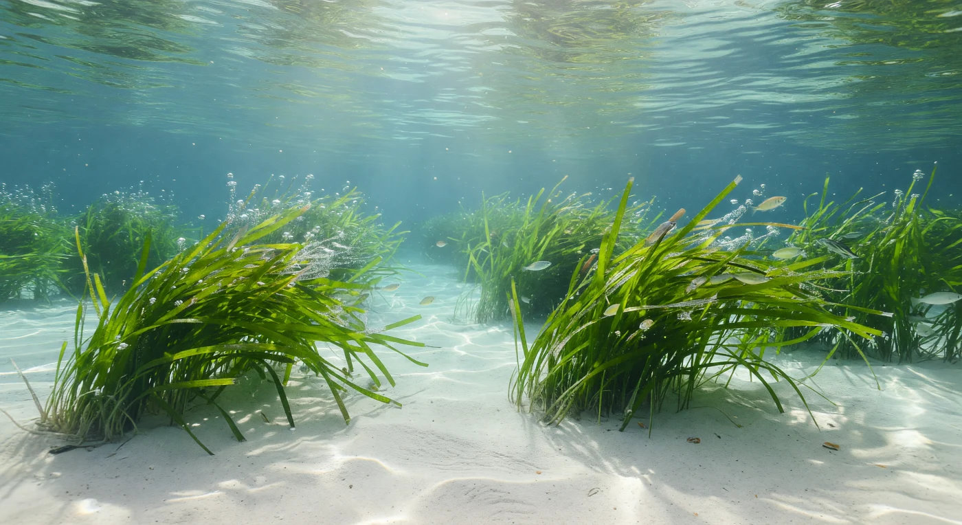 In nur zwei Metern Tiefe verwandelt die Mittagssonne die Lagune in ein Kaleidoskop aus tanzenden Lichtreflexen: Kaustiken huschen wie lebendige Silberfäden über hellen Sandgrund und die sattgrünen Bänder des Seegrases (*Zostera marina*), während die Pflanzenphotosynthese winzige Sauerstoffbläschen an jedes Blatt heftet – ein sichtbares Zeichen intensiver Primärproduktion unter nahezu atmosphärischem Druck. Das Seegras ist keine Alge, sondern eine echte Blütenpflanze, die im Sediment verwurzelt ist und deren Rhizome das Substrat stabilisieren, Kohlenstoff im Boden binden und einen der artenreichsten Lebensräume der Küstenzone aufbauen. Zwischen den rhythmisch strömungsbewegten Halmen suchen Schwärme halbdurchsichtiger Jungfische Schutz – diese Wiege aus Licht, Sauerstoff und Grün ist für Dutzende Arten von Fischen, Krebstieren und Mollusken ein unverzichtbares Aufzuchtrevier. Das warme, klare Wasser trägt feine Schwebeteilchen, die die Tiefe spürbar machen, ohne den Blick zu trüben, und die Stille dieser sonnendurchfluteten Unterwasserwiese gehört einzig den Lebewesen, die sie bewohnen.