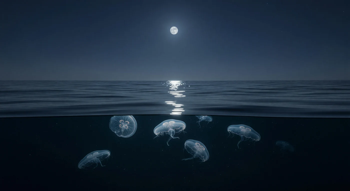 An der Grenze zwischen Ozean und Nacht liegt die Meereshaut – eine Schicht von kaum mehr als einem Millimeter, die zwei Welten trennt und zugleich verbindet. Unter dem Licht des Vollmonds, der einzigen Lichtquelle weit und breit, zeigt das Wasser eine fast gläserne Textur: Die Oberfläche vibriert nur durch feinste Kapillarwellen im Bereich von Millimetern, während ein träger Dünung von weit entfernten Tiefdruckgebieten das Wasser in langsamer Atmung hebt und senkt. Im Sea-Surface-Microlayer – jenem biochemisch reichen Film aus Lipiden, Proteinen und Bakterien, der die obersten tausend Mikrometer bedeckt – sammeln sich Nährstoffe und Mikroorganismen, die die Grundlage eines ganzen Nahrungsnetzes bilden. Unmittelbar darunter gleiten mehrere Ohrenquallen (*Aurelia aurita*) nahezu regungslos durch das oberflächennahe Wasser; ihre gallertigen Schirme, kaum dichter als das umgebende Meerwasser, fangen das silberblaue Mondlicht in zarten Reflexionen ihrer radialen Kanäle und vierblättrigen Gonaden. Diese schwebenden Wesen brauchen keinen Tiefschlaf des Meeres, um zu existieren – sie sind selbst das stille Herzschlagen eines Ozeans, der vollkommen ohne Zeugen auskommt.