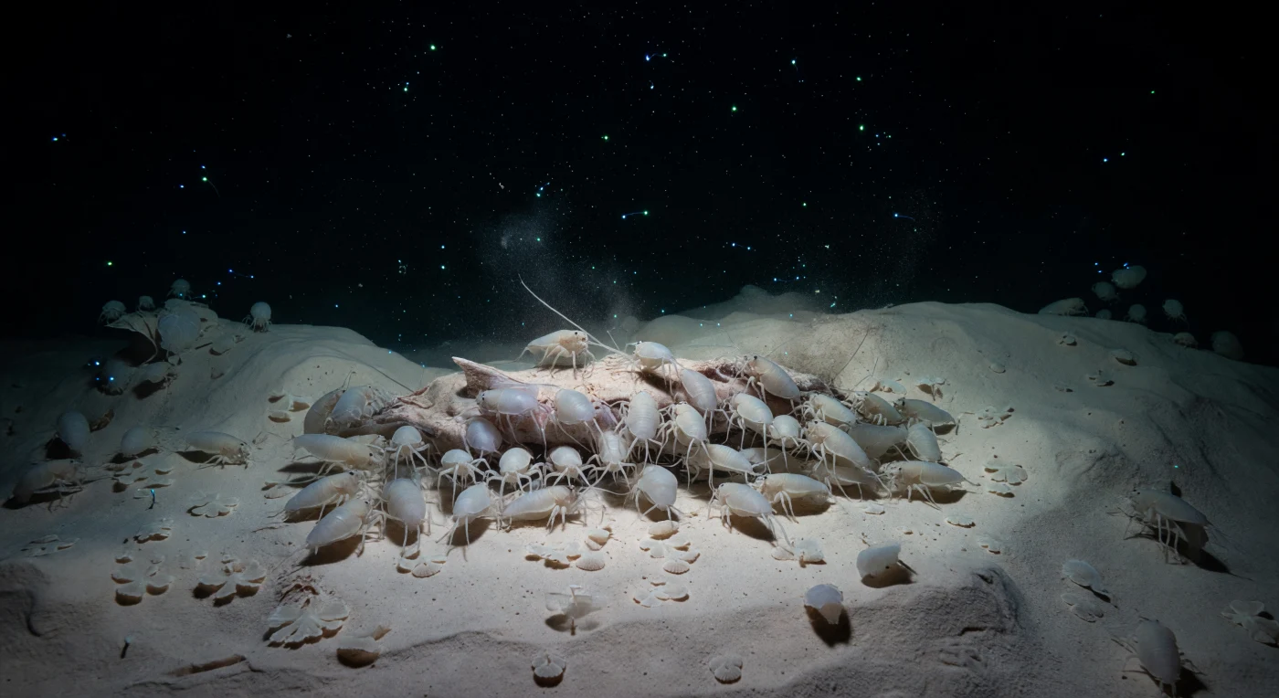 Im tiefsten Punkt der Erde, unter einem Druck von rund 1.100 Atmosphären, vollzieht sich im ewigen Dunkel des Challenger Deep ein uraltes Ritual des Meeresbodens: Dutzende riesiger Amphipoden der Gattung *Hirondellea gigas* drängen sich in dichten, überlappenden Schichten über einen natürlich versunkenen Kadaver, ihre milchig-transluzenten, segmentierten Körper schimmernd opalisierend gegen das knochenbleiche Sediment aus Foraminiferenschalen und Tonpartikeln. Das Hadal versinkt in absolutem Aphot — kein Sonnenstrahl hat diese Tiefe je erreicht — doch sporadische blaugrüne Biolumineszenzblitze kleiner Organismen im und über dem Schwarm enthüllen für Augenblicke aufgewirbelte Siltfahnen, die wie stille Rauchsäulen über dem Fraßgeschehen treiben, sowie frei schwebende Marineeschneepartikel, die durch 11.000 Meter Wassersäule hierher gesunken sind. Zwischen den xenophyophoren Riesenprotisten — jenen Einzellern von der Größe einer Handfläche, die vereinzelt wie unregelmäßige Scheiben den blassen Beckenboden überziehen — zeichnen sich feine Sedimentrippeln und sanft abgeflachte Schlumpkonturen ab, die von der jahrmillionenalten tektonischen Ruhe dieses subduzierten Grabens zeugen. Diese Welt existiert vollkommen in sich selbst: stumm, unermesslich komprimiert und von keinem Blick berührt.