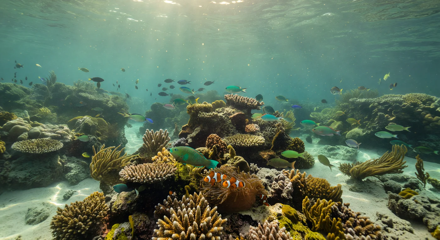 Im flachen Wasser des Außenriffs, etwa sechs bis zehn Meter unter der leicht bewegten Oberfläche, fällt das frühe Morgenlicht in schrägen Strahlen durch eine blaugrüne Wassersäule, die von Plankton getrübt ist – mikroskopische Organismen in so großer Zahl, dass sie das Wasser wie einen lebendigen Schleier färben und die Silhouetten der verzweigten Korallen in sanfte Unschärfe tauchen. Kaustische Lichtmuster tanzen über das Kalksteingerüst des Riffs, über verästelte Astkorallen, knollige Wachstumsspitzen und verkrustende Oberflächen, die über Jahrtausende durch die mineralisierende Arbeit unzähliger Polypengenerationen entstanden sind – ein biogenes Gebäude von enormer ökologischer Komplexität. In der Wassersäule zwischen Oberfläche und Riffkamm wimmelt es von Lippfischen und blaugrünen Chromis, die geschickt durch den Planktonschleier manövrieren und die schwebenden Partikel direkt aus dem Freiwasser filtern, während ein Papageifisch mit seinen verhärteten Kiefernplatten Algen und Kalkstein vom Substrat abraspelt und dabei unablässig zur Sanderzeugung beiträgt. In einer geschützten Nische zwischen Korallenästen hat sich eine Seeanemone festgesetzt, deren tentakelbesetzter Körper sanft im Strömungsatem des Riffs pulsiert und einem Pärchen Anemonenfische Schutz bietet, die in symbiotischer Abhängigkeit zwischen den nesselnden Tentakeln gleiten. Dieses Riff existiert in einer thermisch stabilen Welt von etwa 27 Grad Celsius und zwei Atmosphären Druck – ein System, das seit Jahrmillionen ohne jede äußere Beobachtung gedeiht, getragen allein vom Sonnenlicht und der stummen Logik des Lebens.