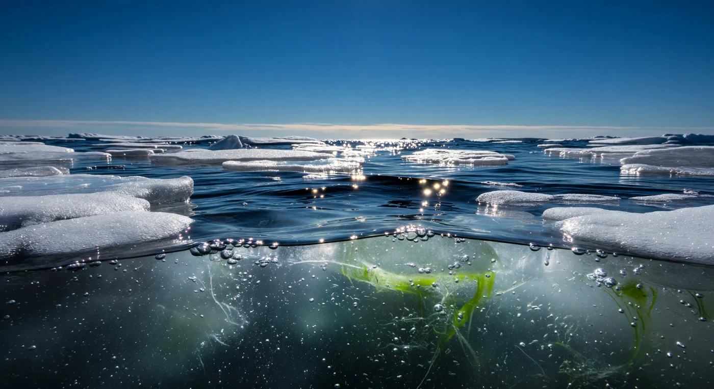 Der Schnorchler hängt reglos an der Grenzfläche zwischen zwei Welten: Über der Oberfläche reckt sich ein tiefcobaltblauer Polarhimmel mit einem schmalen, zyanfarbenen Lichtband am Horizont, darunter öffnet sich pechschwarzes Wasser, durchzogen von einem silbrig-milchigen Schleier aus Mikroblasen und organischen Schwebeteilchen. Knapp vor der Linse drückt sich ein cremefarbener Schaumteppich gegen die Eiskante – kein gewöhnlicher Schaum, sondern ein tensidstabilisierter Biofilm aus Exopolymeren, marinem Schnee und gelösten organischen Verbindungen, die Brechungsindices der hauchdünnen Blasenlamellen zerlegen das schwache Polarlicht in violette und magentafarbene Interferenzfarben. Unter den Pancake-Ice-Scheiben leuchtet eine zartes Blaugrün: festsitzende Untereis-Algen der Gattungen *Melosira* und *Nitzschia* nutzen das durch das Eis gefilterte Restlicht zur Photosynthese und bilden die Basis eines Nahrungsnetzes, das bis zu den winzigen, glasklaren Copepoden reicht, die als erste Glieder der polaren Nahrungskette dicht durch das Wasser treiben. Der Gaswechsel zwischen Ozean und Atmosphäre ist hier an der aufgewühlten Eisrandzone maximal intensiv: Jede platzende Blase schleudert Aerosole und biogene Spurengase wie Dimethylsulfid in die Luft und verbindet das Innere des Ozeans mit dem globalen Klimasystem – eine unsichtbare biochemische Brücke, eingeschlossen in Seifenblasen.