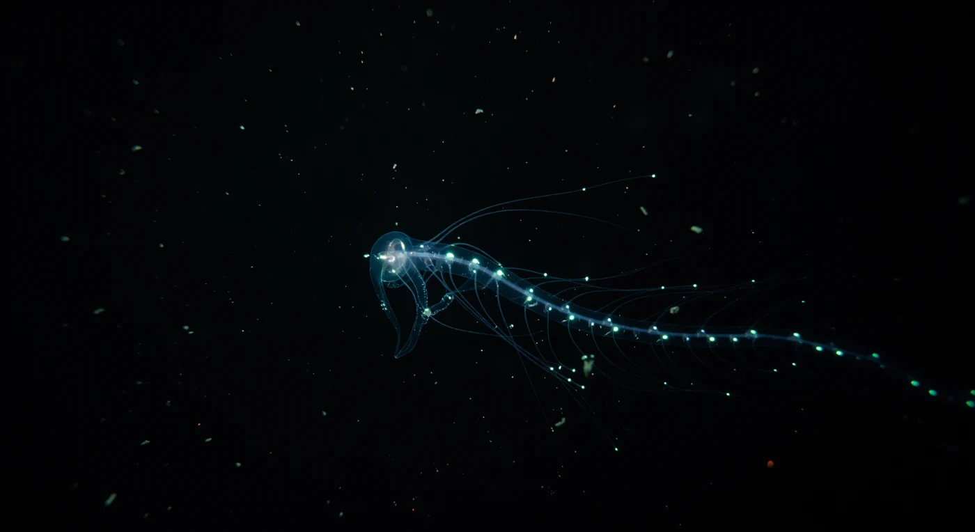 Im fahlen Kegel der Bordscheinwerfer taucht plötzlich etwas auf, das zunächst kaum mehr ist als eine Verdichtung der Dunkelheit – dann entzündet sich die Siphonophore in blaugrünen Pulsen, die in wandernden Wellen ihren langen Körper hinabfließen und die Scheinwerfer des Tauchboots für Augenblicke überstrahlen. Diese Kolonie ist kein einzelnes Lebewesen, sondern ein koordinierter Verband spezialisierter Zooide, die gemeinsam jagen, verdauen und sich fortbewegen – ein Bauplan, der in dieser Welt aus Kälte und Druck seit Hunderten von Millionen Jahren erprobt ist. Bei annähernd 500 bar Außendruck und Wassertemperaturen nahe dem Gefrierpunkt, wo kein Sonnenstrahl je eindringt, ist Biolumineszenz nicht bloß Spektakel, sondern Sprache: Lockmittel, Tarnung, Warnsignal, alles zugleich. Das Meeresschnee – winzige Partikel organischen Materials, die langsam aus den produktiven Schichten darüber herabrieseln – treibt dicht durch den Lichtkegel, die einzige Nahrungsquelle, die für viele Bewohner dieser Zone den langen Weg von der Oberfläche bis hierher zurücklegt. Während die Tentakel der Kolonie wie erleuchtete Fäden in die Schwärze des offenen Wassers zurücksinken, bleibt das Viewport beschlagen von kondensierter Stille – das Gefühl, in einem Raum zu sitzen, dessen Wände aus dem Gewicht des gesamten Ozeans bestehen.