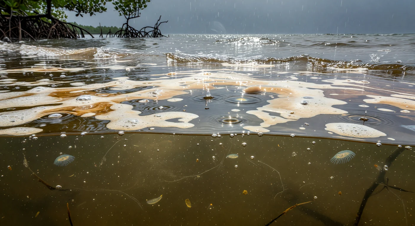 Der Blick aus der Maske liegt genau auf der Grenzfläche zwischen Welt und Wasser – halb in der stechenden Regenluft, halb in einem Universum aus bernsteinfarbener Bräune und schwebenden Lichtern. Über der Oberfläche zertrommelt der Regen das teebraune Treibschaum-Teppich in kremige Inseln aus Tan und Amber, jeder Aufprall ein perfekter Kranz aus kristallklaren Eisringkronen, die sich zu einem endlosen Muster überlagern, während nasse Mangroven-Silhouetten wie dunkle Wächter in den diesigen Horizont ragen. Darunter leuchtet das olivbraune Wasser kaum zwanzig Zentimeter tief diffus auf, bevor es sich in einen dichten Schleier aus Bakterioplankton, kolloidalen Partikeln und Exopolymer-Fäden auflöst – ein biochemisch hochaktiver Mikrokosmos, in dem Gasaustausch und organische Anreicherung stattfinden, wie sie nirgendwo sonst in der Wassersäule so intensiv ablaufen. Die Unterseite des Schaumteppichs erscheint als gebrochene Milchglasdecke aus hellen Blasenpolygonen und verschattetem Snell'schem Fenster, durchzuckt von zersplitternden Kaustiken bei jedem Regentropfeneinschlag. Vereinzelt driften durchscheinende Rippenquallen knapp jenseits der Schaumkante, ihre Kamm­reihen schillernd im diffusen Restlicht dieses lebendigen, flüchtigen Grenzraums zwischen Fluss, Meer und Himmel.