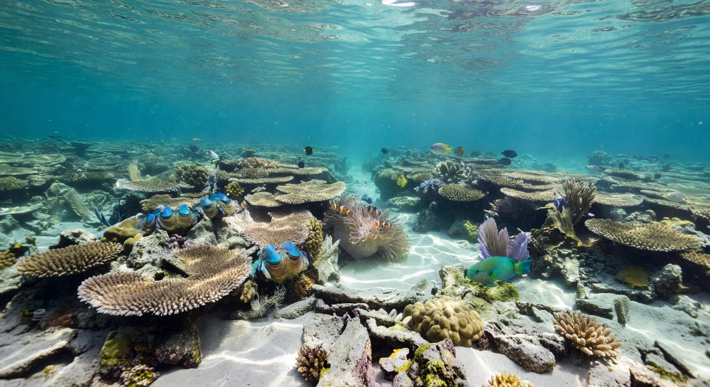 Im flachen Riffplateau, kaum zwei bis fünf Meter unter der Wasseroberfläche, verwandelt der Wechsel eines Wolkenschattens die gesamte Farbwelt innerhalb von Sekunden: Wo eben noch das tropische Sonnenlicht die irisierende Mantelschicht der Riesenmuscheln in Türkis, Smaragd und Bronze aufleuchten ließ, legt sich nun ein kühles Blaugrün über die ausgedehnten Tischkorallen der Gattung *Acropora*, deren plattenartige Strukturen aus Kalziumkarbonat über Jahrzehnte durch die unermüdliche Arbeit von Polypen aufgebaut wurden. An der Grenze zwischen Schatten und Licht tanzen Kaustikmuster – jene sich stets verändernden Lichtgeflechte, die durch die bewegte Wasseroberfläche gebrochen werden – über blasses Riffschutt und Sandtaschen, wo Federwürmer ihre zarten Fächerkronen in die Strömung halten und ein Papageifisch mit seinem harten Schnabelkiefer Karbonat von einem verkrusteten Kolonie­block abraspelt, ein biologischer Prozess, der maßgeblich zur Sanderzeugung tropischer Riffe beiträgt. In einer geschützten Nische zwischen Korallenköpfen bewegt eine Seeanemone ihre Tentakel im sanften Wasserzug, flankiert von einem Paar Clownfische, die im Schutz der nesselnden Tentakeln leben – eine der bekanntesten Mutualismen des Indo-Pazifiks. Feinstes suspendiertes Partikelgut treibt frei im Umgebungslicht und macht die Wassersäule sichtbar als das, was sie ist: ein lebendiges, von Sonnenlicht durchdrungenes Medium, das dieses Ökosystem von größter biologischer Dichte trägt, lange bevor die Tiefe Stille und Dunkelheit bringt.