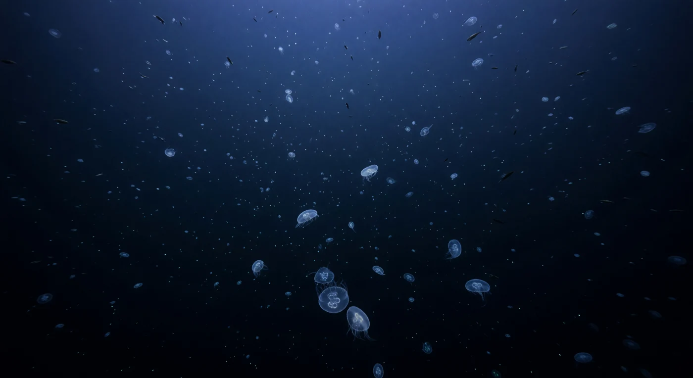 Das ROV gleitet durch eine Dunkelheit, die man fast als Gewicht spürt – 460 Meter über dem Meeresgrund, umgeben von einem Lebewesen-Schneefall aus Rippenquallen, die sich in so großer Zahl im kobaltschwarzen Wasser treiben, dass die Kameralampen kaum an das Ende dieses stummen Feldes reichen. Die Ktenophoren – glasklare, lappenbesetzte Tiere ohne echtes Nervenzentrum, angetrieben allein durch die schimmernden Kammreihen ihrer Zilien – nutzen diese Zone als Tagesrefugium, bevor viele von ihnen in der Abenddämmerung mit dem gesamten Deep Scattering Layer Hunderte von Metern aufsteigen, jenem biologischen Phänomen, das Kriegssonare einst als falschen Meeresboden täuschte. Im schwachen Restblau des Downwelling-Lichts, das hier kaum noch reicht, um Schatten zu werfen, gleiten vereinzelte Myctophiden als dunkle, schlanke Silhouetten hindurch, ihre Photophore nur als winzige Lichtpunkte sichtbar – Tiere, die unter einem Druck von gut 47 Atmosphären perfekt funktionieren und trotzdem jeden Abend in die flacheren Schichten aufsteigen, um zu fressen. Der feinstoffliche Meeresschnee aus abgestorbenen Partikeln und organischem Material hängt in Schichten im Scheinwerferkegel und verleiht der Szene eine volumetrische Lebendigkeit, während die Stille ringsum absolut und drückend bleibt.