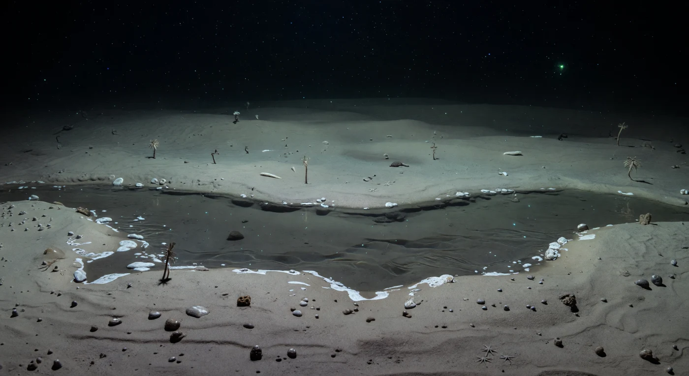An der Grenze zwischen normalem Tiefseewasser und einem der seltensten Phänomene des Meeresbodens liegt eine scharf definierte Berührungslinie, die wie eine erstarrte Küste wirkt: Ein Solebecken aus hypersalinem Wasser, dessen Dichte so hoch ist, dass es sich als eigenständige flüssige Masse auf dem Sediment hält, während seine stahlfarbene Oberfläche das umgebende Wasser in zitternden Brechungsverzerrungen spiegelt – ein unsichtbarer Spiegel in absoluter Finsternis. In Tiefen zwischen 4.000 und 6.000 Metern, wo der hydrostatische Druck 400 bis 600 Atmosphären erreicht und das Wasser bei kaum mehr als 1,5 bis 2,5 °C in vollständiger Lichtlosigkeit ruht, existiert dieser Ort als chemische Anomalie inmitten der kältesten Stille des Planeten: Der Salzgehalt der Sole übersteigt den des umgebenden Abyssalwassers um ein Vielfaches und schafft eine toxische Grenzzone, in der viele Tiere nicht überleben können. Entlang der bleichen Sedimentränder aus kieselig-kalkigem Schlamm gedeihen dennoch weiße Mikrobienmatten, die von chemolithotrophen Bakterien und Archaeen gebildet werden, welche die extreme Chemie der Solegrenzen als Energiequelle nutzen, während Manganknollen und vereinzelte Dropstones – einst von Eisbergen in früheren Epochen verfrachtet – stumm im Sediment ruhen. Im Dunkeln darüber treibt mariner Schnee in unendlicher Geduld nach unten, und feine biolumineszente Glimmer im Wasser – die Eigenlichter winziger Organismen des freien Wassers – streifen die Grenzfläche und tauchen eine Welt auf, die seit Jahrmillionen in sich selbst vollständig ist.