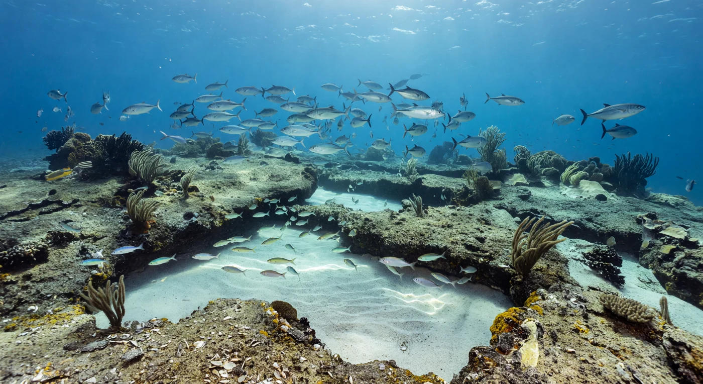 An einem flachen Gipfel eines unterseeischen Vulkanbergs, tief genug im offenen Ozean, um jede Küste zu vergessen, bündelt das Meer seine Kräfte: Kaltes, nährstoffreiches Tiefenwasser wird durch die Topographie des Sockels nach oben gepresst und trifft hier, wo harte Lavakämme in strömungsgeformte Muschelstrandtaschen übergehen, auf das volle Tageslicht, das von der Oberfläche herabflutet und zitternde Kaustiknetze über Sandkorn und Gestein zeichnet. Zwischen den Felskämmen liegt der bleiche Schalensand in wellig geformten Mulden, jede Strömungspuls schickt kleine Silberfische mit einem Flitzen über den Grund, ihre Schuppen aufblitzend wie hingeworfene Münzen, während über dem Plateau ein dichter Schwarm von Stachelmakrelen in gleißenden Spiralen kreist und Schwertmakrelen im äußeren Blau mit schneidender Präzision durch die Konzentration jagen. An den strömungsexponierten Kanten strecken Gorgonien ihre verzweigten Arme in die Strömung, und dunkle Schwarzkorallen klammern sich am leicht abfallenden, beschatteten Rand fest, wo das Plateau unvermittelt in tiefes Kobaltblau abfällt — eine Grenze zwischen zwei Welten, gezogen allein durch Licht, Druck und die unberührte Logik des Ozeans. Dieser Gipfel existiert als stille Oase des offenen Meeres, geformt durch Vulkanismus, geglättet durch Gezeiten und tektonisches Absinken über Jahrmillionen, belebt durch die schlichte Notwendigkeit, dass Plankton, Beute und Räuber aufeinandertreffen — und kein Zeuge ist nötig, um dieses Wesen zu bestätigen.