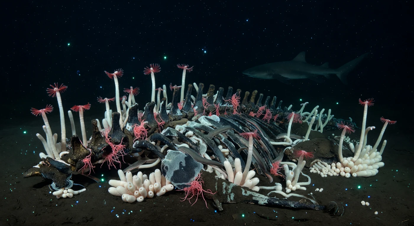 Im Dunkeln eines abyssnahen Meeresbodens, wo der Druck hunderte Atmosphären beträgt und kein Sonnenstrahl je eindringt, erhebt sich aus schwefelgeschwärztem Sediment ein dichter Garten blasser Röhrenwürmer — Lamellibrachia und Verwandte — deren elfenbeinfarbene Scheiden sich dicht gedrängt zwischen geschwärzten Wirbelknochen und zusammengesunkenen Rippen eines gestrandeten Wals drängen, rote Kiemenplumes reglos in der vollkommen stillen Wassersäule schwebend. Die Energie, die dieses Leben trägt, stammt nicht von der Sonne, sondern aus der Oxidation von Schwefelwasserstoff, der entsteht, wenn anaerobe Bakterien das fettige, knochenimprägnierende Öl des Walkadavers zersetzen — Chemosynthese, dieselbe biochemische Strategie, die auch an hydrothermalen Quellen und Kaltwasseraustritten zum Einsatz kommt. Über das Sediment breiten sich weiche weiße Bakterienmatten aus, und aus den porösen Wirbelknochen sprießen Osedax-Kolonien wie zarte rosaote Wurzelfäden, jene hochspezialisierten Bohrwürmer, die Kollagen und Knochenlipide direkt verdauen. Sporadische blaugrüne Biolumineszenz driftender Planktonorganismen lässt feucht-glänzende Knochenoberflächen und die gespenstische Transluzenz der Wurmröhren für Bruchteile von Sekunden aufleuchten, während Meeresschnee lautlos durch das schwarze Wasser sinkt — ein Ökosystem, das sich vollständig selbst trägt, geduldig, kalt und vollkommen unbeobachtet.