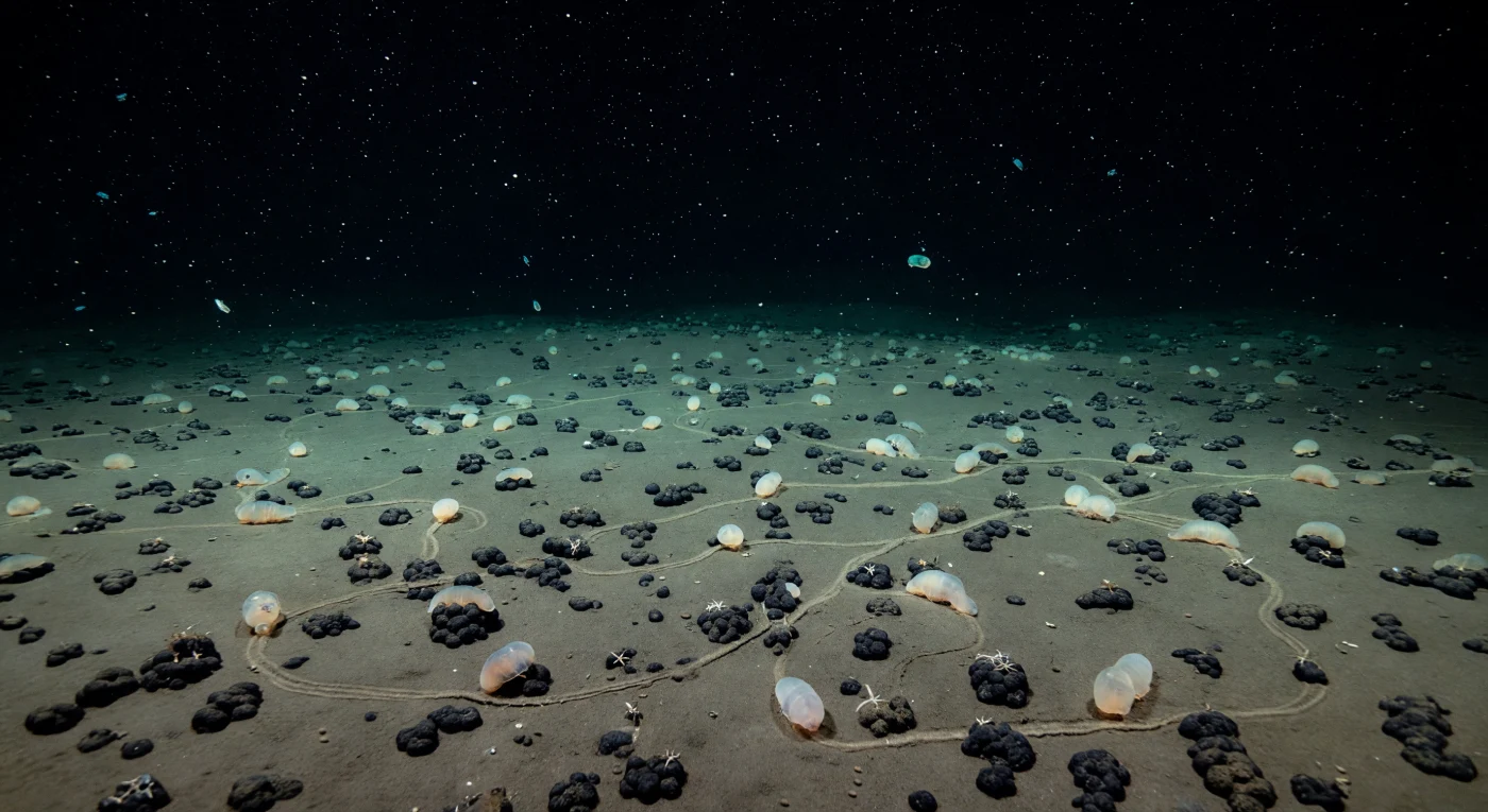 In der Clarion-Clipperton-Zone des Pazifischen Ozeans, in Tiefen zwischen 4.800 und 5.200 Metern, erstreckt sich eine weitläufige Abyssalebene unter einem Druck von annähernd 500 Atmosphären, wo die Wassertemperatur kaum über 2 °C steigt und jede Bewegung in vollständiger Dunkelheit stattfindet. Über einem blassgrauen Schlickboden liegen schwarze Manganknollen verstreut — gerundet, matt, teilweise halb ins Sediment versunken, über Millionen von Jahren durch langsame chemische Ausfällung aus dem Meerwasser gewachsen, mit Wachstumsraten von wenigen Millimetern pro Million Jahre. Dutzende von Holothurien — gallertartige Seewalzen der Tiefsee, ihre Körper milchig-transparent und geisterhaft hell gegen den aschbraunen Grund — gleiten lautlos über die Ebene, nehmen mit ihren Mundtentakeln Sedimentpartikel auf und hinterlassen dabei geschwungene, sich überlagernde Weidespuren, die sich zwischen den Knollen zu einem stillen Garten der Ernährung verweben. Durch die Wassersäule sinkt unablässig mariner Schnee herab — feine Aggregate aus organischem Material, Kotballen und Detritus aus den Schichten weit darüber —, einzelne Partikel vereinzelt im Dunkel und von vereinzelten Punkten schwachen cyan-blauen Biolumineszenzes winziger Organismen kaum erhellt, während der Hintergrund rasch in undurchdringliches schwarzes Wasser übergeht, das jede Vorstellung von Entfernung auflöst.