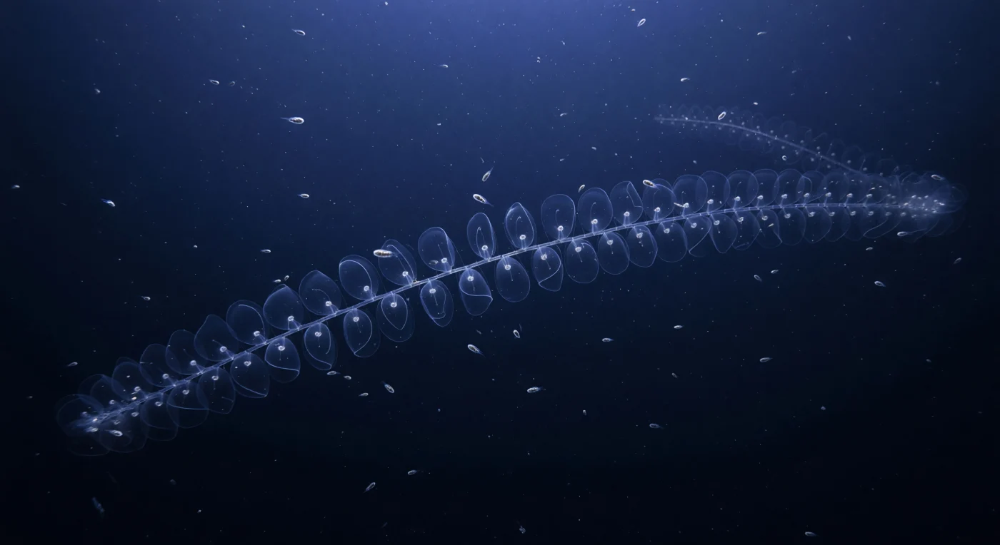 In rund 400 bis 500 Metern Tiefe, wo das letzte Sonnenlicht der Oberfläche zu einem schwachen, monochromen Indigo verblasst, entfaltet sich eine der seltsamsten Kolonialstrukturen des Ozeans: eine Siphonophore von schier unvorstellbarer Länge, deren transparenter Körper sich diagonal durch die Wassersäule zieht wie ein gläsernes Kathedralschiff, das niemand je gebaut hat. Jede einzelne Nektophore – ein winziger Antriebsglockenkörper aus purem Gelee – fängt den letzten Rest des herabfallenden Blaulichts an ihrem zarten Rand ein und wird für einen Augenblick sichtbar, bevor sie wieder im Dunkel verschwindet; der zentrale Stamm der Kolonie erscheint und löst sich auf, als gehöre er zum Wasser selbst. Um sie herum treiben Kopepoden und Euphausiaceen in der Schwebe, manche von ihnen glasdurchsichtig, andere silbern wie winzige Spiegel, alle zusammen Teil eines unsichtbaren Netzwerks aus Fraß und Flucht, das sich Tag und Nacht in diesen Wasserschichten vollzieht. Bei einem Druck von etwa 45 Bar und Temperaturen knapp über dem Gefrierpunkt existiert diese Welt in vollkommener Stille und vollkommener Eigengesetzlichkeit – ein Reich, das sich seit Jahrmillionen ohne Zeugen selbst erhält.