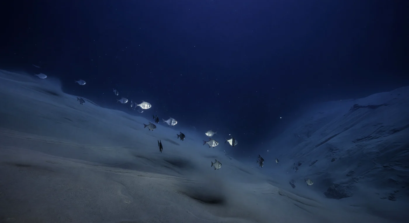 In 260 Metern Tiefe gleitet das stille Relikt des Tageslichts – ein letzter, monochromer Schimmer aus Blau und Indigo – über einen sanft abfallenden Kontinentalhang, dessen Sedimentdecke aus feinkörnigem, blassgrauem Material jede frühere Strömungsbewegung wie in Zeitlupe festhält. Der Druck beträgt hier bereits rund 27 Bar, das Wasser hält eine Temperatur von kaum mehr als zehn Grad, und ein subtiler Konturgegenstrom streicht knapp über dem Boden dahin und trägt dabei einen feinen Schleier aus resuspendiertem Silt mit sich fort. In dieser Wassersäule treibt eine lose Gesellschaft von Beilfischen (*Argyropelecus* spp.) und juvenilen Borstenmäulern (*Cyclothone* spp.) im Querstrom, ihre spiegelglatten, lateral abgeflachten Flanken blitzen für den Bruchteil einer Sekunde zu flüssigem Silber auf, wenn sie sich im Strömungsfaden wenden, und verschwinden dann nahezu vollständig, sobald ihre papierdünnen Körper sich kantenweise zum schwachen Licht ausrichten – ein evolutionäres Meisterwerk der Gegenlichttarnung in einer Zone, in der auch Räuber mit nach oben gerichteten Teleskopaugen nach Silhouetten suchen. Tiefer im kobaltblauen Dunst, wo die Hangwand in eine gedämpfte Schlucht übergeht, pulsieren vereinzelte Biolumineszenzpünktchen: stille Signale einer Biomasse, die diesen Hang bewohnt, ohne je das Licht einer anderen Sonne als jener fernen, gefilterten zu kennen.