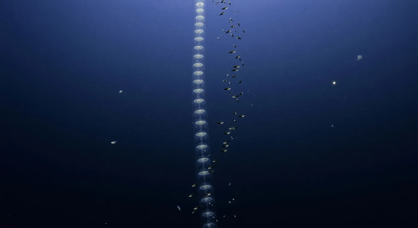 In den mittleren Schichten der Wassersäule, wo das einfallende Tageslicht zu einem schwachen indigoblauen Schimmer verblasst und Drücke von fünfzig Atmosphären und mehr jeden Kubikzentimeter Meerwasser verdichten, erstreckt sich eine Kolonie von *Praya dubia* nahezu senkrecht durch den Raum – ein lebendes Glasgerüst, dessen transparente Nektophoren wie hohle, opaline Glocken in der Düsternis schweben, kaum von der Umgebung zu unterscheiden und doch durch feine feuchte Lichtreflexe auf ihren gallertigen Oberflächen verraten. Diese Siphonophore, zu den längsten Tieren der Erde zählend, ist keine Ansammlung einzelner Organismen im gewöhnlichen Sinne, sondern eine hochspezialisierte Superkolonie aus funktionell differenzierten Zoiden, die gemeinsam atmen, jagen und sich fortbewegen – ein arbeitsteiliges Lebewesen, das sich durch eine nahezu drucklose, wasserreiche Körperstruktur dem enormen hydrostatischen Druck dieser Zone entzieht. Neben der Kolonie steigt eine lockere Gruppe von Laternenfischen (*Myctophidae*) durch das offene Wasser auf, ihre ventralen Photophere als kalte, geordnete Lichtpünktchen entlang der Silhouetten angeordnet – biologische Lichter, die zur Gegenschattierung dienen und Raubtiere von unten täuschen, in einer Zone, in der jede Anpassung an das schwindende Licht über Leben und Tod entscheidet. Vereinzelte Biolumineszenzpunkte ferner Planktonorganismen punktieren die Tiefe wie erloschene Sterne, während Meeresschnee – der stetige Regen aus organischen Partikeln – lautlos durch das schwere, kalte Wasser sinkt und den einzigen Stofffluss zwischen der fernen Oberfläche und dieser lichtlosen Gegenwelt unterhält.