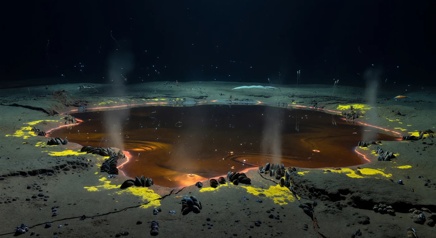 In einer tektonisch abgesenkten Senke auf der abyssalen Tiefseebene, bei Drücken von 400 bis 600 Atmosphären, liegt ein hypersalines Solebecken wie ein unterirdischer See – seine Oberfläche bildet eine scharf definierte, spiegelartige Grenzschicht, an der das nahezu gefrierende Tiefenwasser auf eine dichtere, kupfer-bernsteinfarbene Sole trifft, die zwei- bis achtmal salzreicher ist als normales Meerwasser. Entlang der Störungsränder des Beckens brechen feinste Mineralschlieren aus Rissen im Meeresschlamm auf und steigen als zarte Schleier durch die Wassersäule, während ein schwaches chemolumineszentes Schimmern die heißesten Bruchzonen nachzeichnet und aus mikrobiellen Filmen auf dem Sedimentrand ein gespenstisches Glühen aufsteigt – das einzige Licht in einer Welt, die kein Sonnenstrahl je erreicht. Gelbe Bakterienmatten überziehen die Ränder in unregelmäßigen Flicken, und dichte Muschelgemeinschaften, deren Symbionten chemoautotrophe Bakterien beherbergen, drängen sich an den Gasaustritten, wo Schwefelwasserstoff und Methan das einzige Nahrungsangebot in dieser toten Zone bilden. Jenseits des Beckens zieht sich die abyssale Ebene ins Dunkel zurück: Eine blasse Seegurke gleitet lautlos über den Schlamm, wenige Seefedern stehen reglos wie versteinerte Skulpturen, und feiner Meeresschnee sinkt unaufhörlich durch den schwarz-blauen Wasserkörper – eine absolute Stille, die von einer Welt zeugt, die vollständig ohne uns existiert.