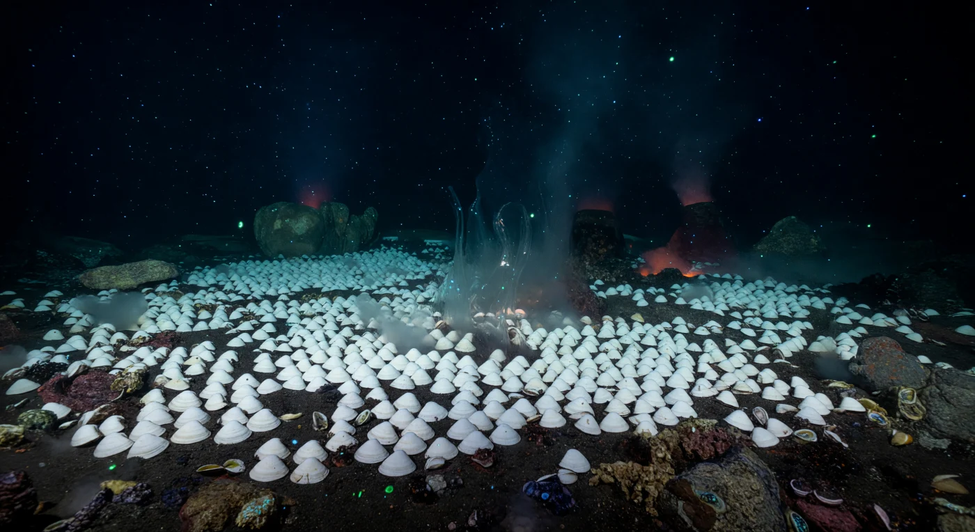 In einer weiten, flachen Senke auf dem Meeresboden, weit jenseits jedes Sonnenlichts, bedecken Tausende von Venusmuscheln – wahrscheinlich *Calyptogena*-Arten oder verwandte Chemosymbioten – den dunklen Vulkansediment lückenlos wie ein lebendiges Pflaster aus Kalk und Perlmutt. Jede Schale birgt in ihrem Gewebe schwefeloxidierende Bakterien, die Energie nicht aus Licht, sondern aus dem sulfidreichen Seepwasser gewinnen, das in schimmernden, sich kräuselnden Schleiern aufsteigt und das Wasser mit einer leichten milchigen Trübung aus Mineralnebel und Mikrobienfilmen erfüllt. Der Druck hier, weit über tausend Meter unter der Oberfläche, übersteigt hundert Atmosphären; kein Lichtquant der Sonne dringt in diese Schwärze, und die einzige Helligkeit sind vereinzelte biolumineszente Partikel – Cyan, Blau, Grün –, die träge durch die Wassersäule treiben und auf den nassen Kalkschalen kurze, geisterhafte Reflexe entfachen. Im Hintergrund erheben sich schwarze Schlote als dunkle Silhouetten, ihre diffusen Hydrothermalfahnen wärmen den Stein um sie herum mit einem kaum wahrnehmbaren orangeroten Schimmer, während mariner Schnee – feinste organische Flocken aus der Welt weit darüber – in vollkommener Stille herabsinkt auf ein Becken, das ohne Zeugen existiert und immer existiert hat.